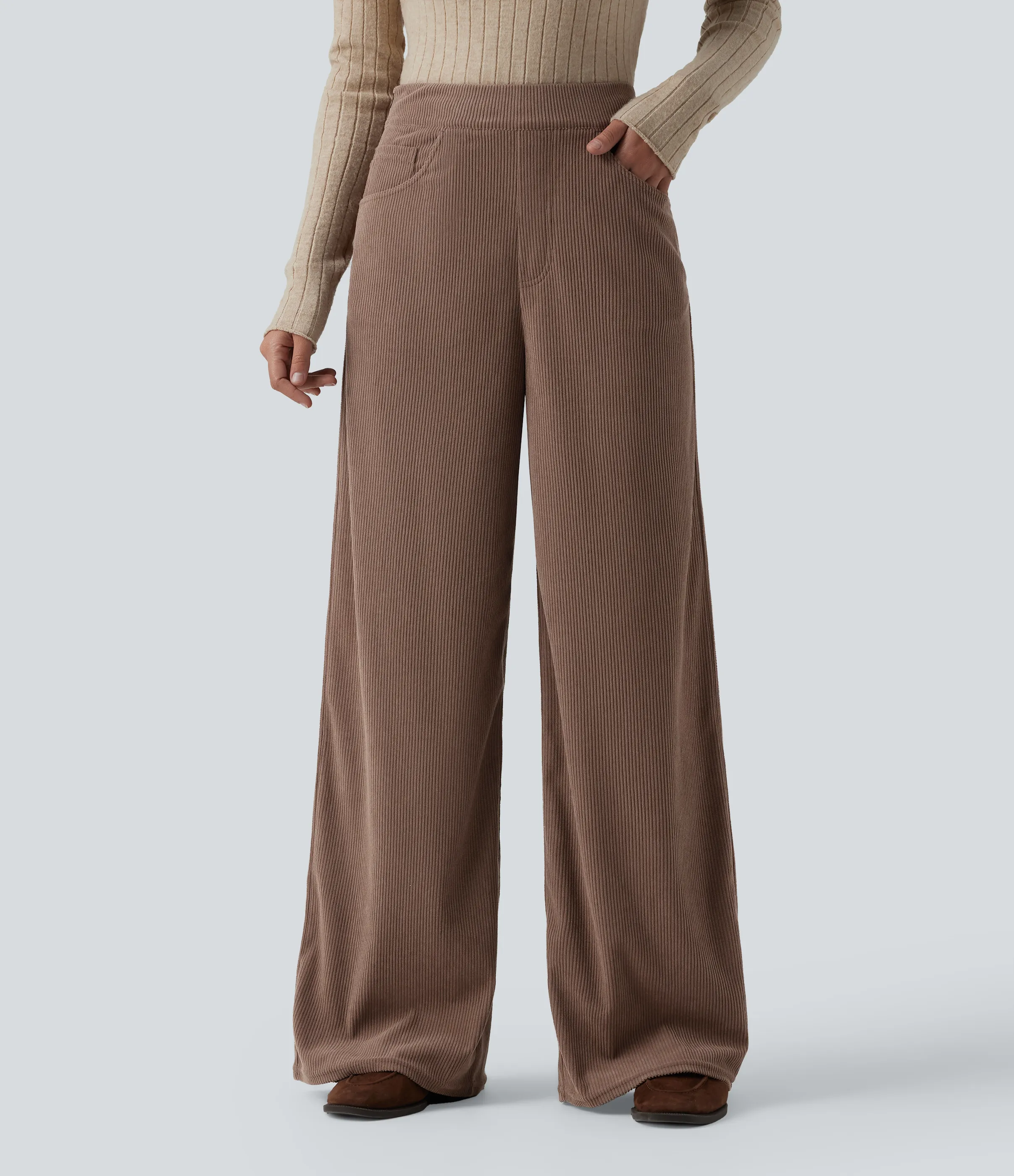 Halara Pantalón oficina pana tiro alto cremallera invisible múltiple bolsillo pierna ancha - Acorn - M(regular) sold by Halara product image thumbnail 4