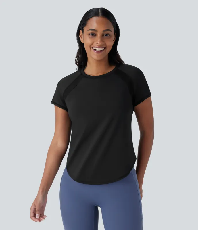 Halara Camiseta Softlyzero™ QuickDry deportiva correr secado rápido cuello redondo manga corta malla contrastante dobladillo curvo - Black - L sold by Halara