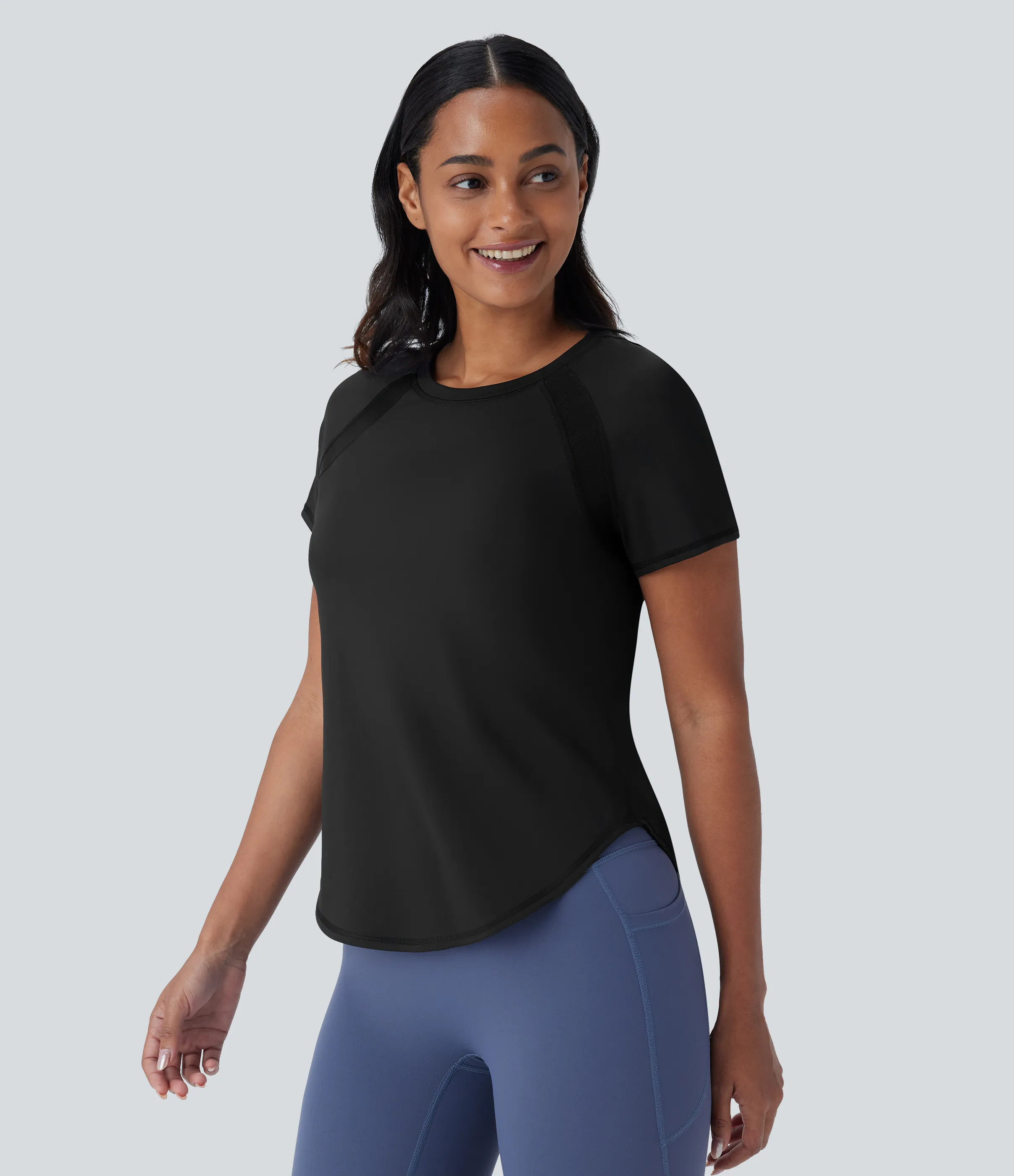 Halara Camiseta Softlyzero™ QuickDry deportiva correr secado rápido cuello redondo manga corta malla contrastante dobladillo curvo - Black - L sold by Halara product image thumbnail 4