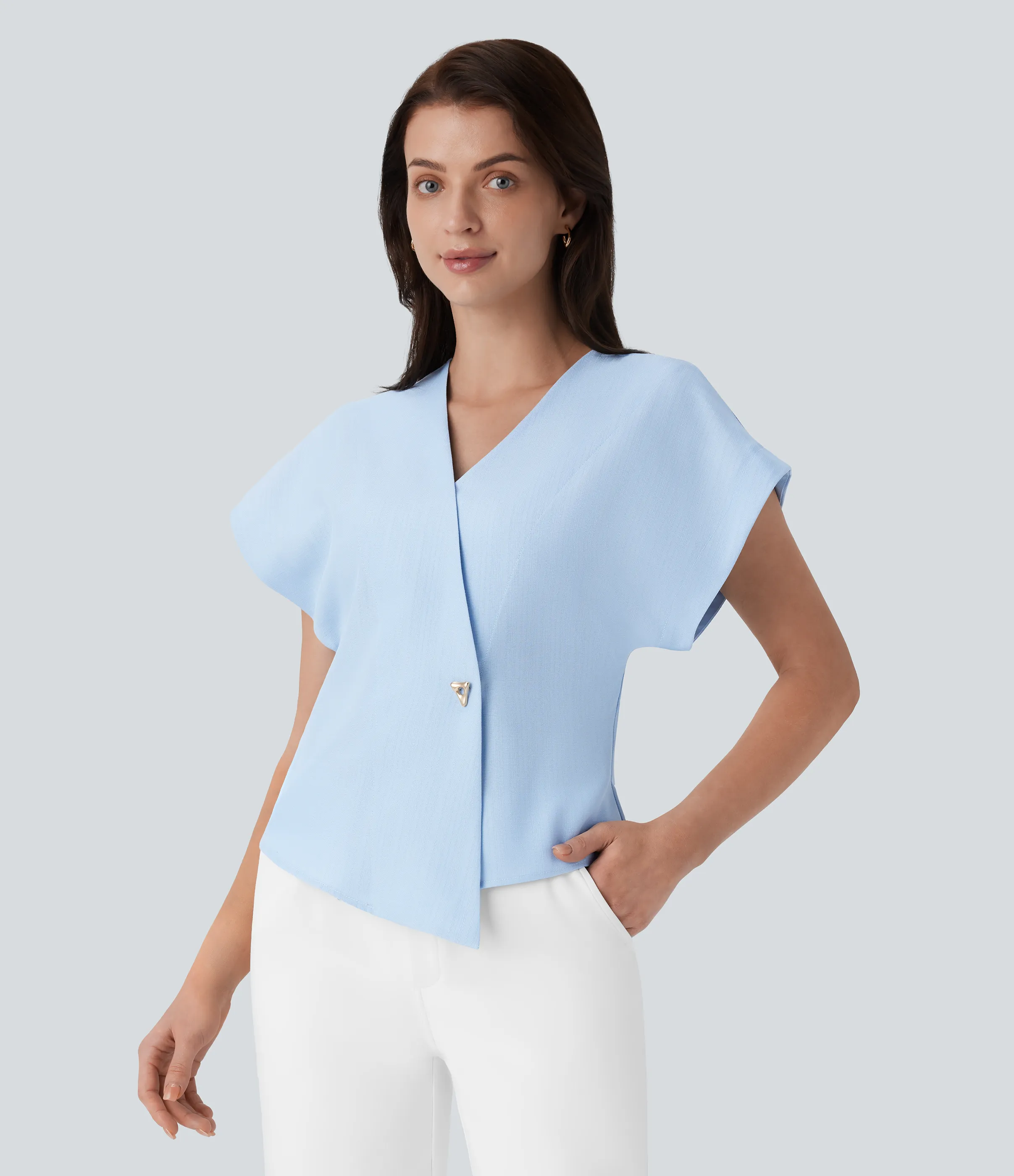 Halara Blusa oficina cuello V cruzado manga murciélago botón presión - Ice Water - L sold by Halara product image thumbnail 2