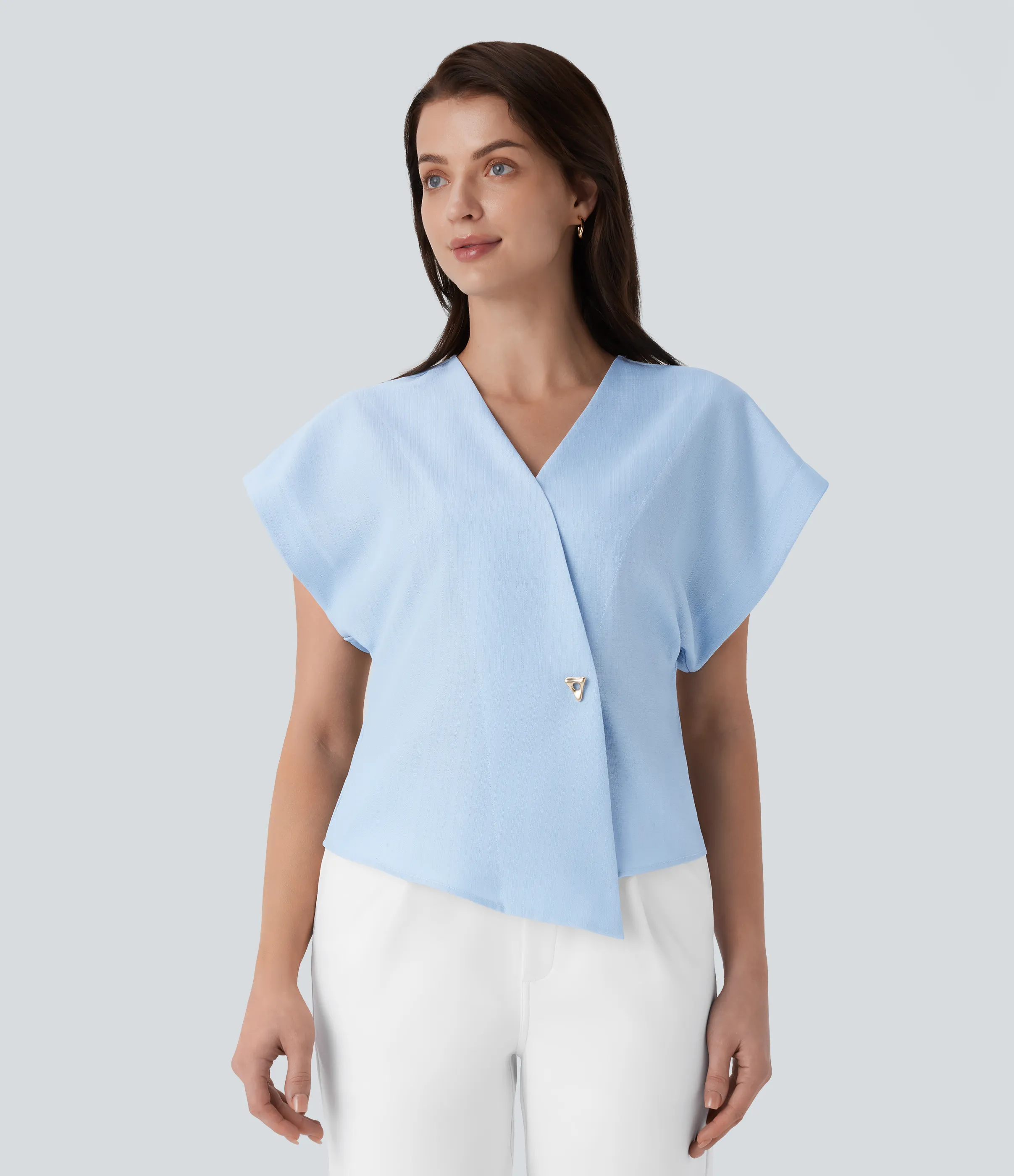 Halara Blusa oficina cuello V cruzado manga murciélago botón presión - Ice Water - L sold by Halara product image thumbnail 4