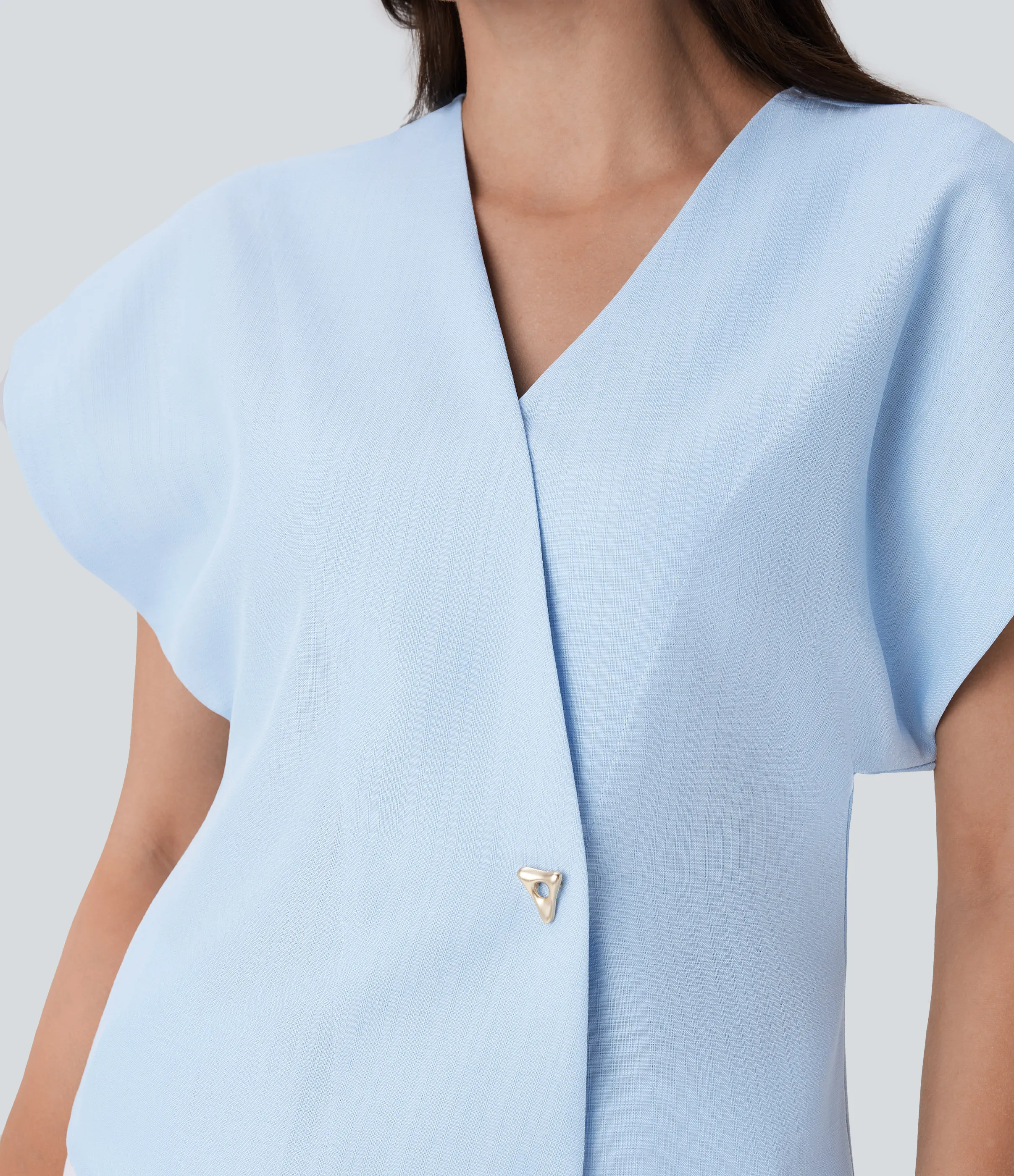 Halara Blusa oficina cuello V cruzado manga murciélago botón presión - Ice Water - L sold by Halara product image thumbnail 5