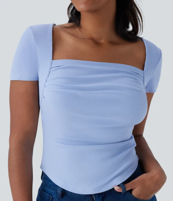 Halara Camiseta ajustada 2 en 1 bebé cuello cuadrado dobladillo curvo fruncido acanalado - Ocean Eyes - Light Blue - XS made by Halara