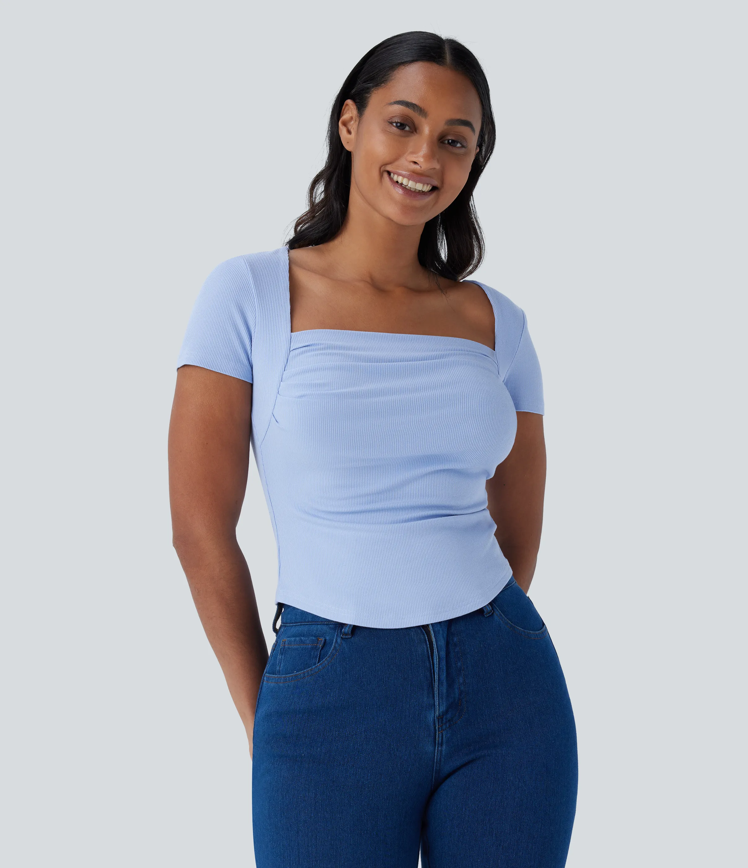 Halara Camiseta ajustada 2 en 1 bebé cuello cuadrado dobladillo curvo fruncido acanalado - Ocean Eyes - Light Blue - XS sold by Halara product image thumbnail 4