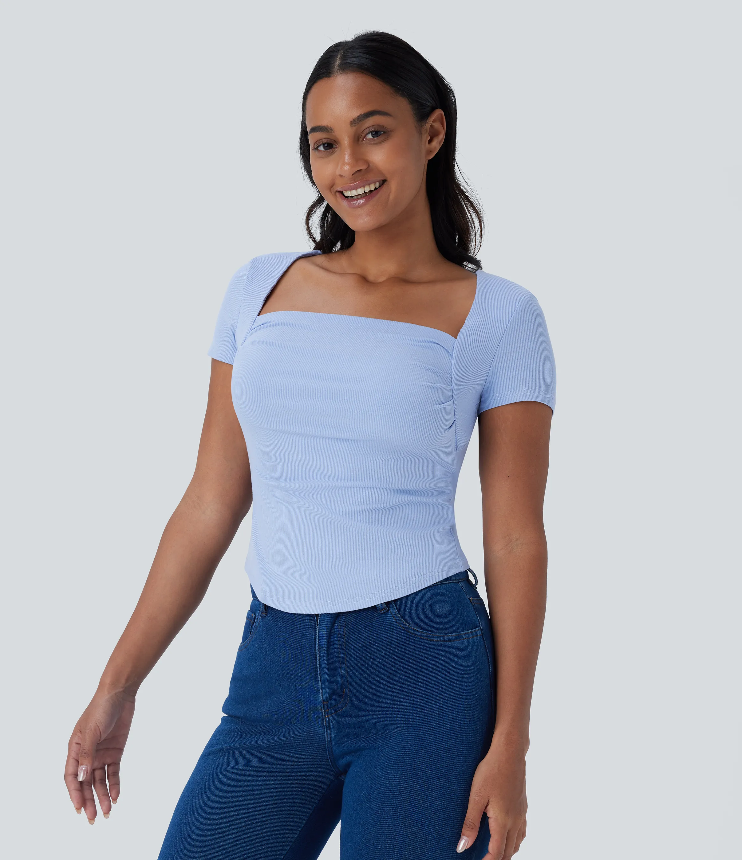 Halara Camiseta ajustada 2 en 1 bebé cuello cuadrado dobladillo curvo fruncido acanalado - Ocean Eyes - Light Blue - XS sold by Halara product image thumbnail 5