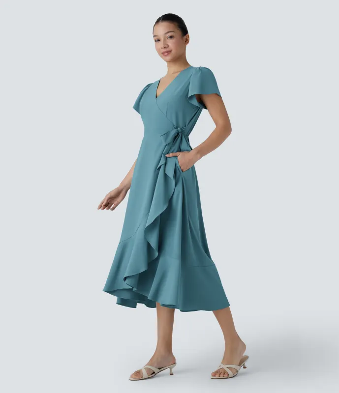 Halara Vestido midi Breezeful™ fluido secado rápido volante bolsillo lateral manga corta cuello V - Stone Blue - L sold by Halara