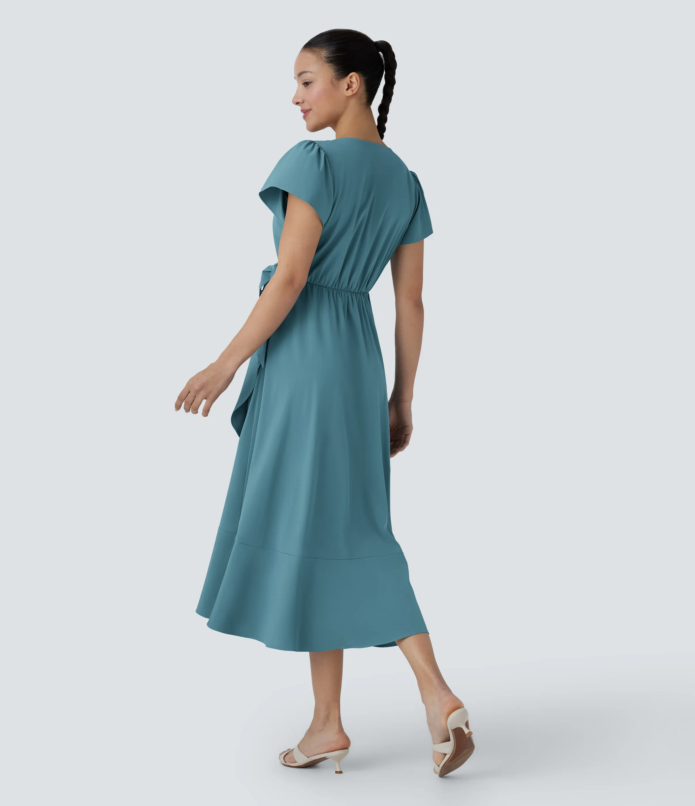 Halara Vestido midi Breezeful™ fluido secado rápido volante bolsillo lateral manga corta cuello V - Stone Blue - L sold by Halara product image thumbnail 3