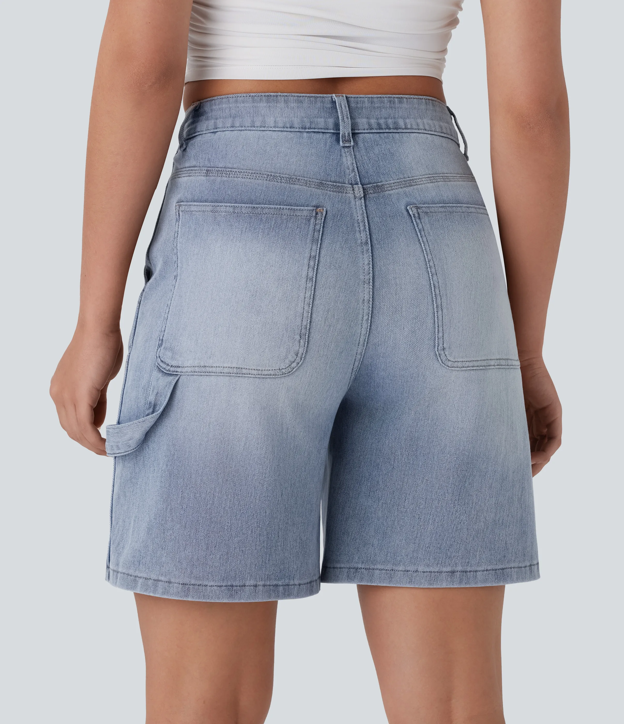 Halara Bermudas Halara Flex™ Denim mezclilla elástica lavada múltiple bolsillo tiro medio - Soft Blue Denim - S(regular) sold by Halara