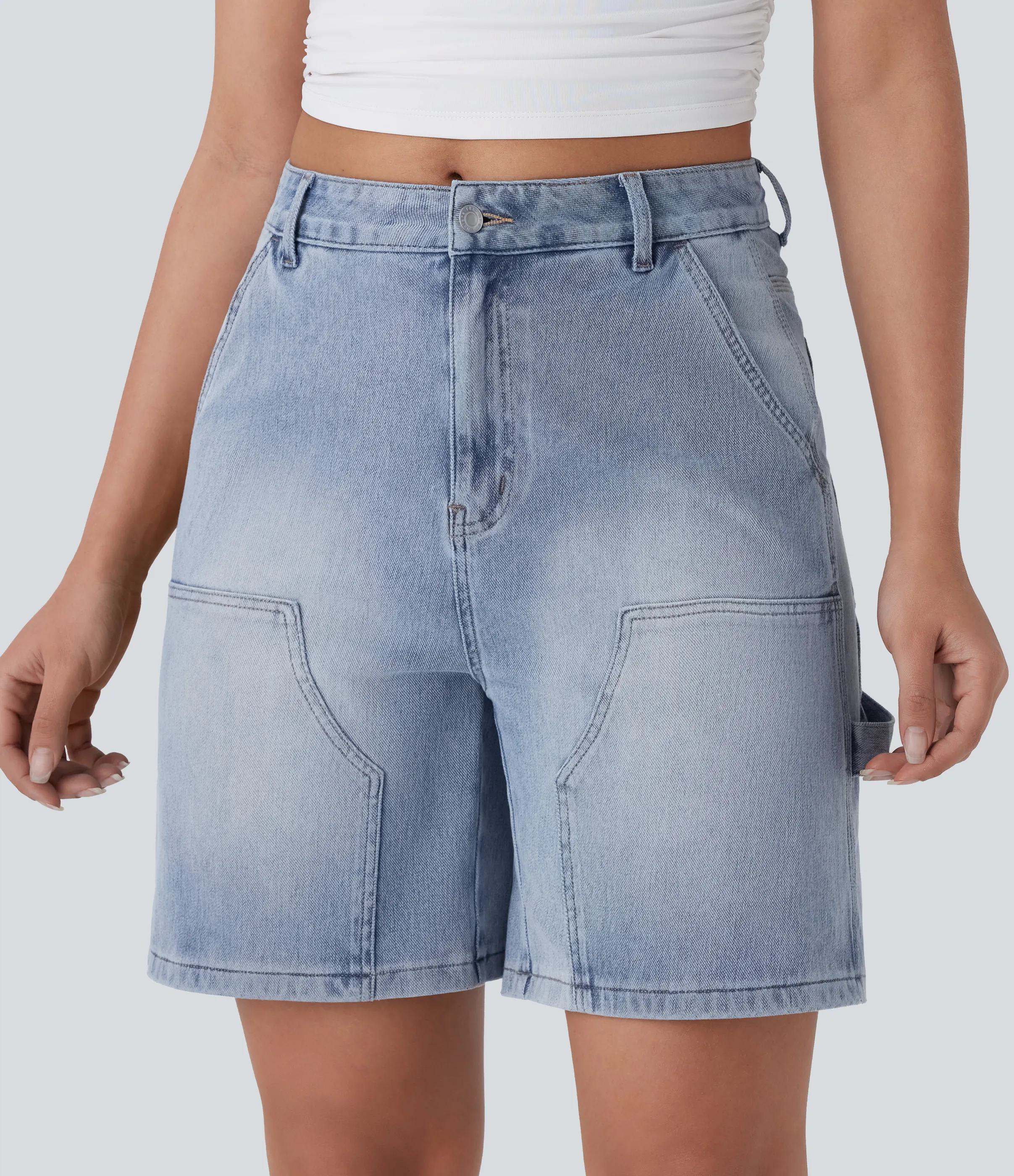 Halara Bermudas Halara Flex™ Denim mezclilla elástica lavada múltiple bolsillo tiro medio - Soft Blue Denim - S(regular) sold by Halara product image thumbnail 4
