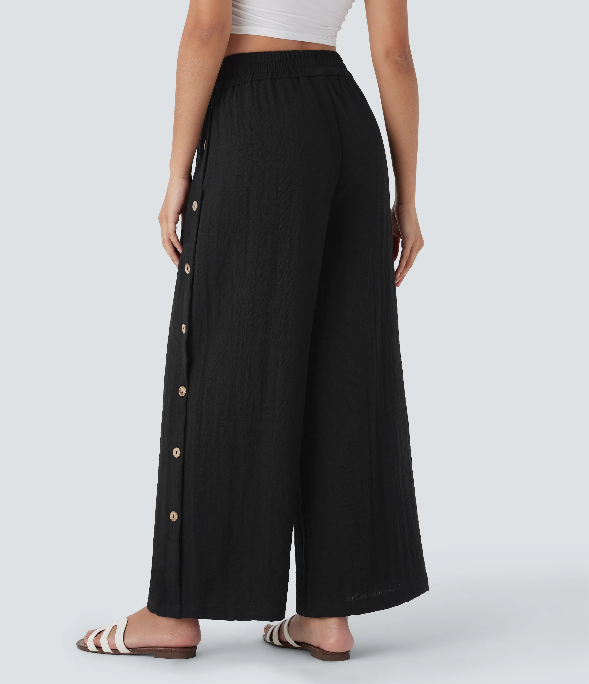 Halara Pantalón pierna ancha tiro alto bolsillo lateral botón decorativo 7/8 - Black - S(regular) sold by Halara product image thumbnail 3