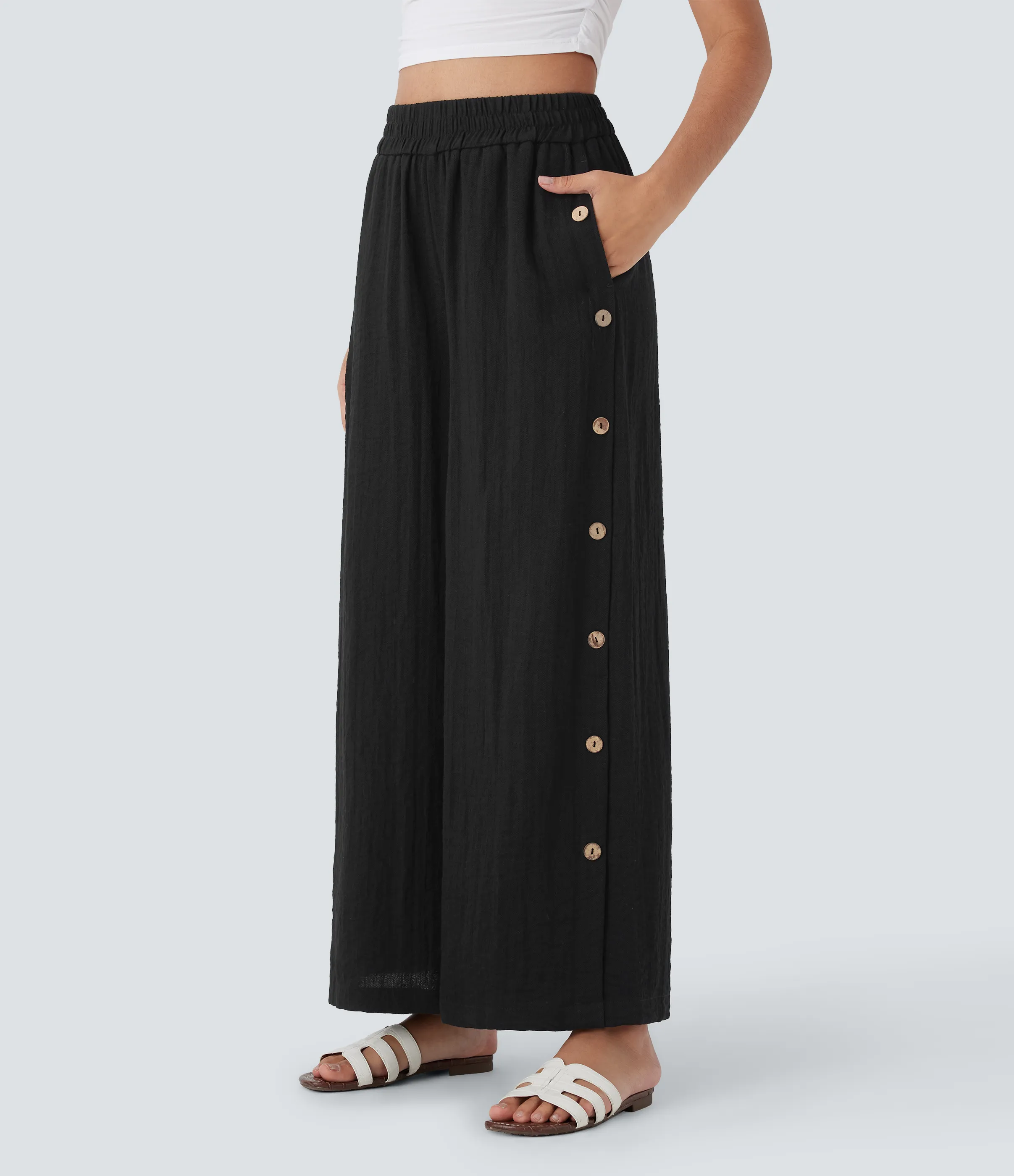 Halara Pantalón pierna ancha tiro alto bolsillo lateral botón decorativo 7/8 - Black - S(regular) sold by Halara product image thumbnail 4