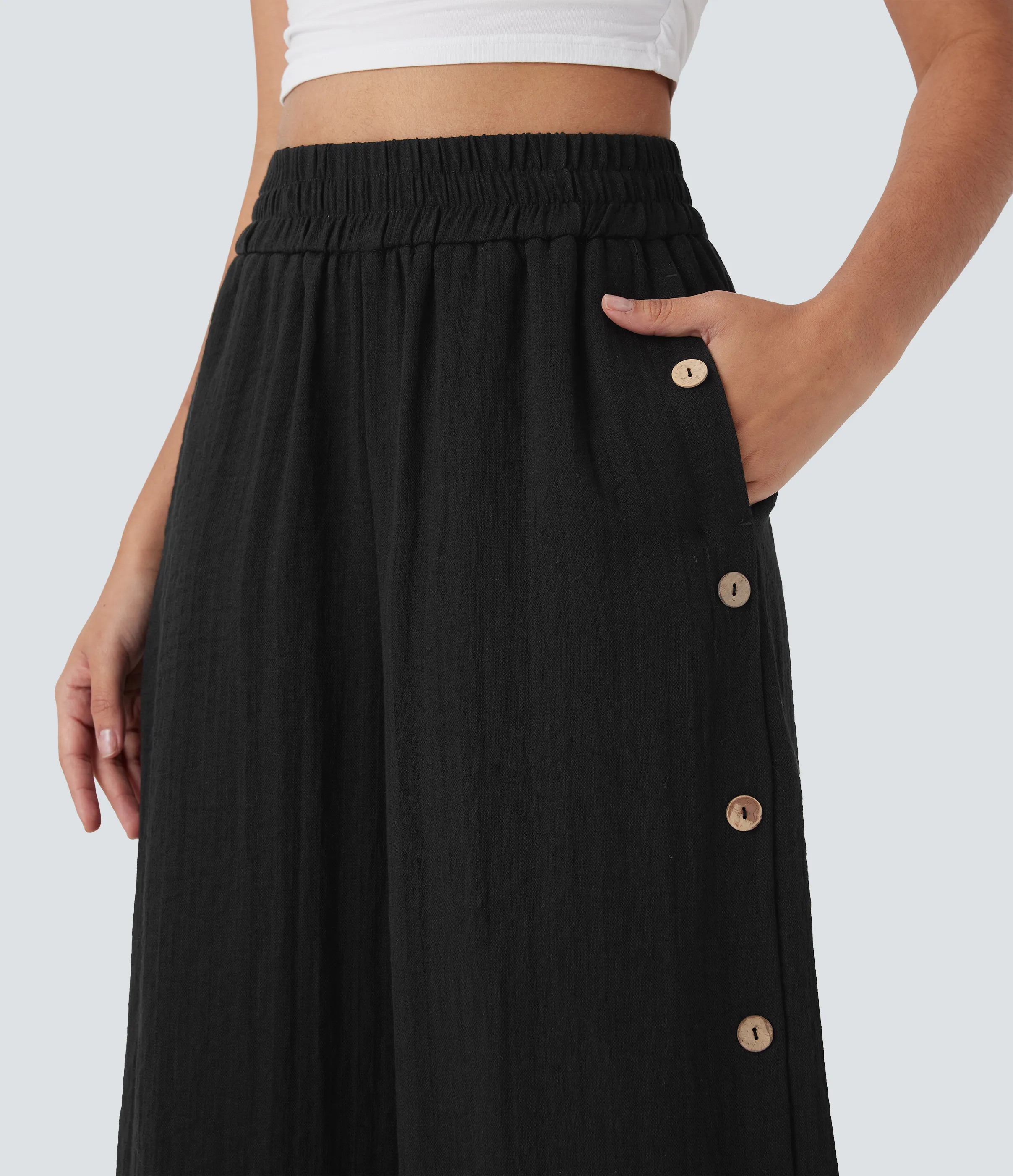 Halara Pantalón pierna ancha tiro alto bolsillo lateral botón decorativo 7/8 - Black - S(regular) sold by Halara product image thumbnail 5