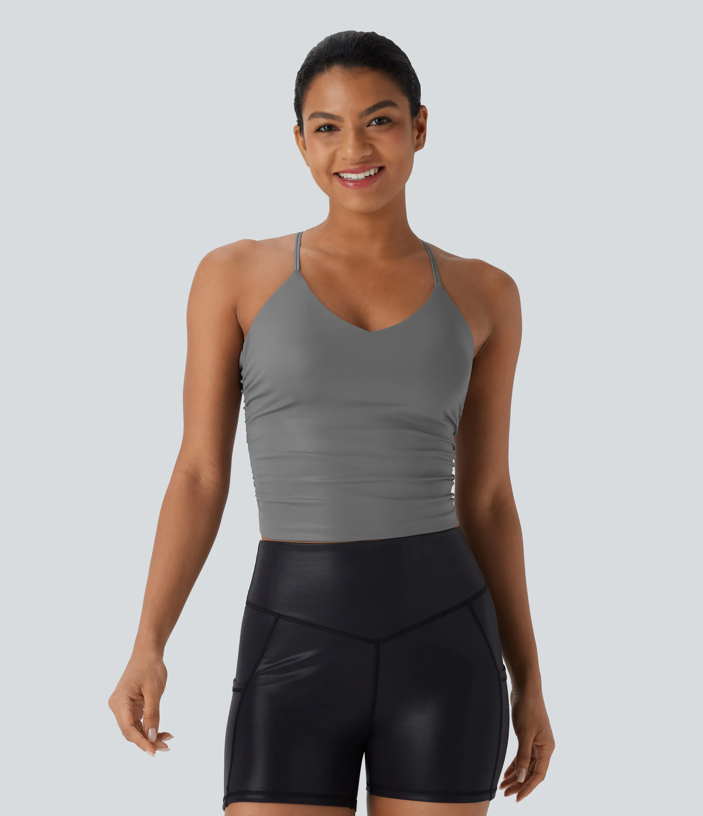 Halara Top de yoga corto de cuero sintético con espalda descubierta, fruncido y entrecruzado, de secado rápido - Steel Gray - L sold by Halara product image thumbnail 3