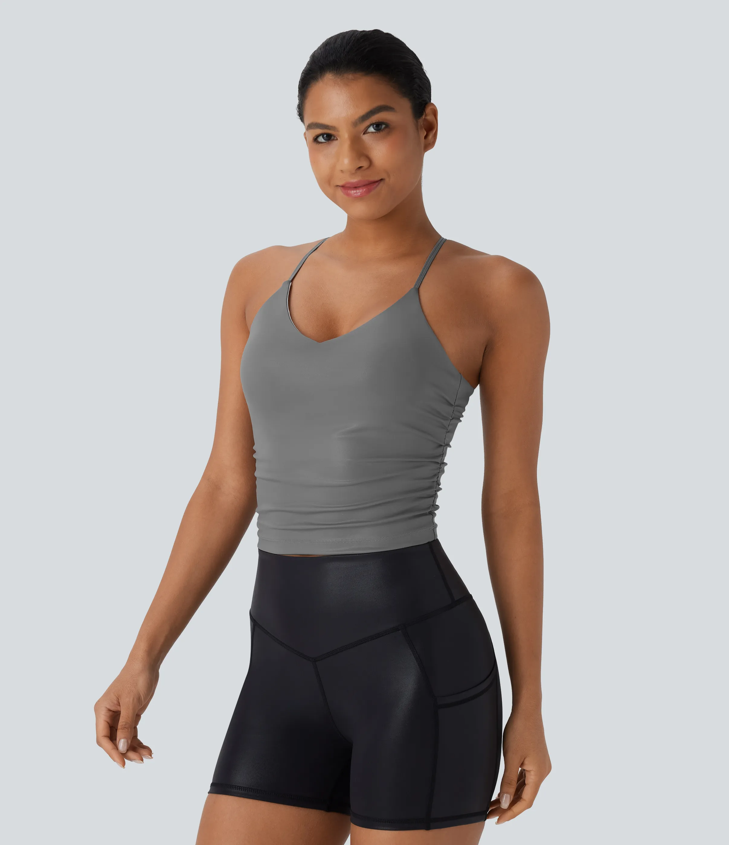 Halara Top de yoga corto de cuero sintético con espalda descubierta, fruncido y entrecruzado, de secado rápido - Steel Gray - L sold by Halara product image thumbnail 4