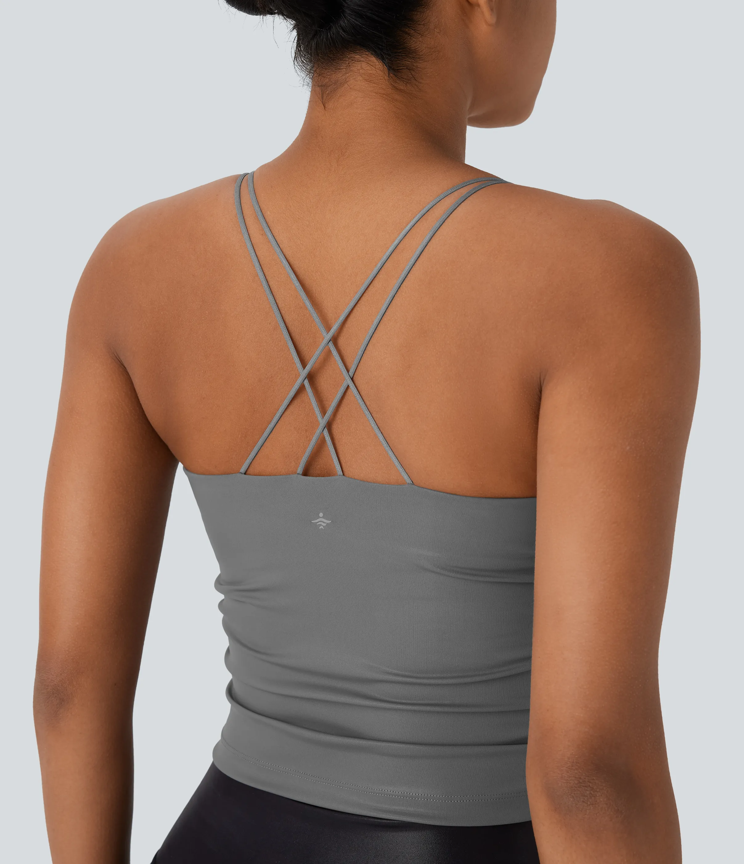 Halara Top de yoga corto de cuero sintético con espalda descubierta, fruncido y entrecruzado, de secado rápido - Steel Gray - L sold by Halara product image thumbnail 5