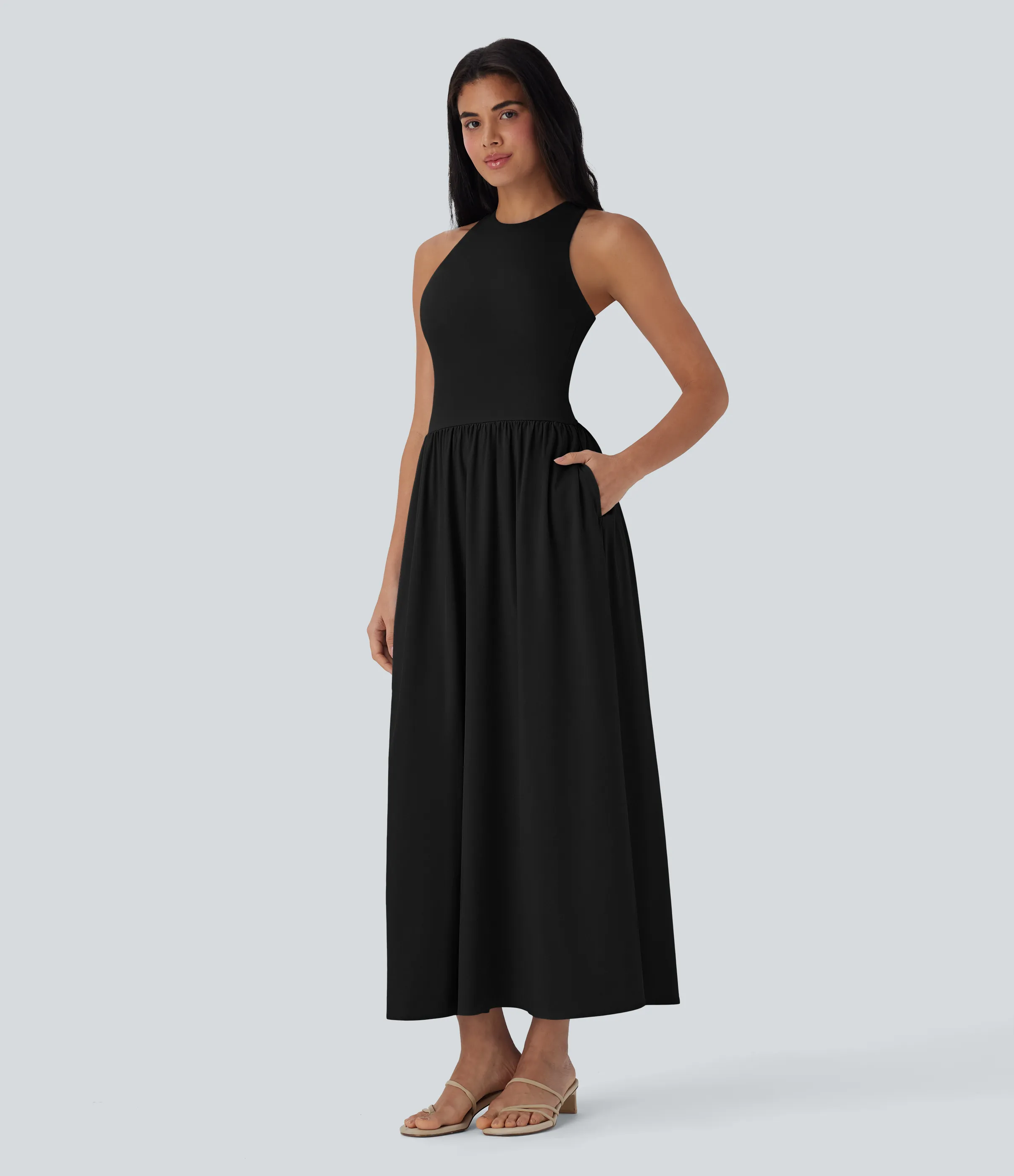 Halara Vestido largo casual Breezeful™ de secado rápido con espalda abierta cruzada y con bolsillos laterales - Black - XS sold by Halara product image thumbnail 4