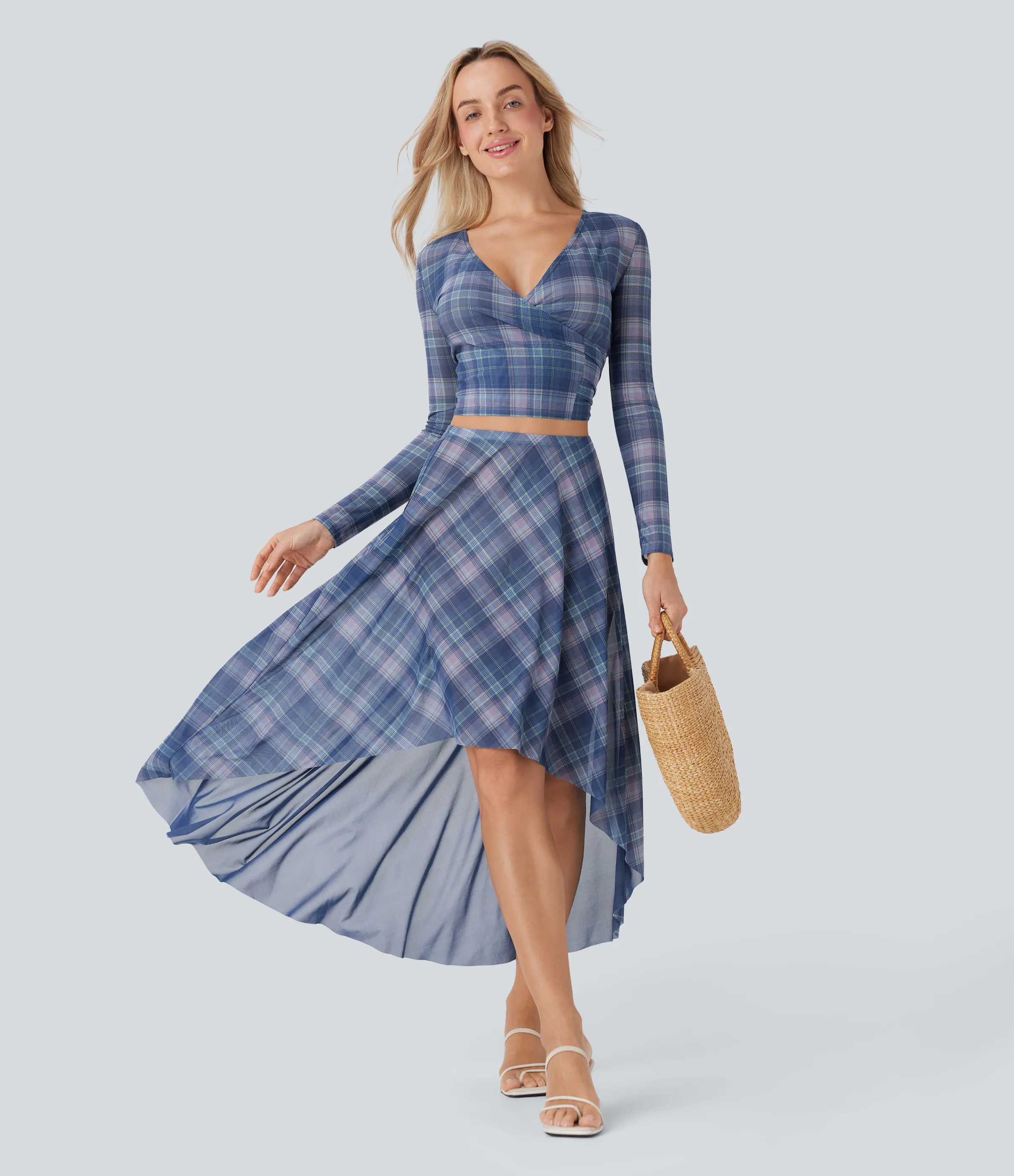 Halara Falda larga fluida con tiro alto de malla transparente con tiro alto y cuadros escoceses - Purple Plaid - S(regular) sold by Halara product image thumbnail 5