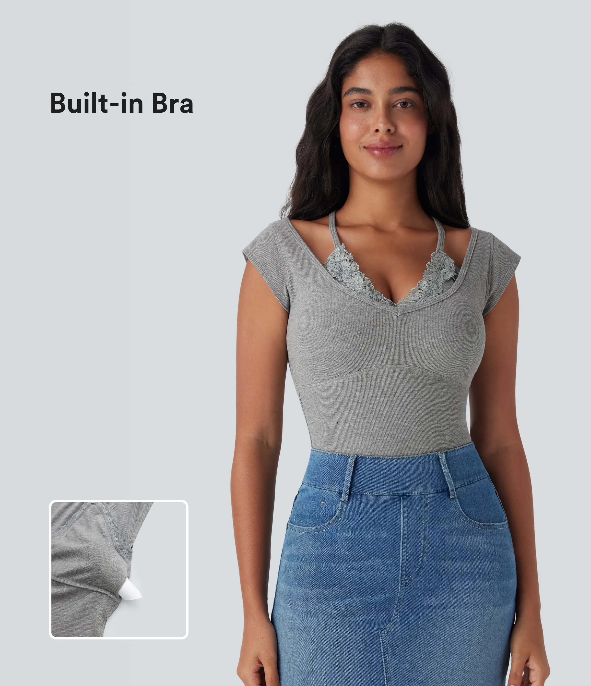 Halara Top encaje acanalado manga corta cuello halter súper elástico agradable para piel - Fog Gray - XL sold by Halara product image thumbnail 2