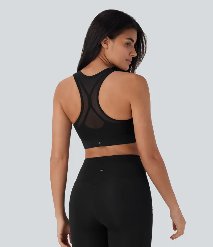 Halara Brasier deportivo SpeedWave™ de secado rápido de sujeción media con espalda racerback y malla en contraste en copas A-C - Black - XL sold by Halara