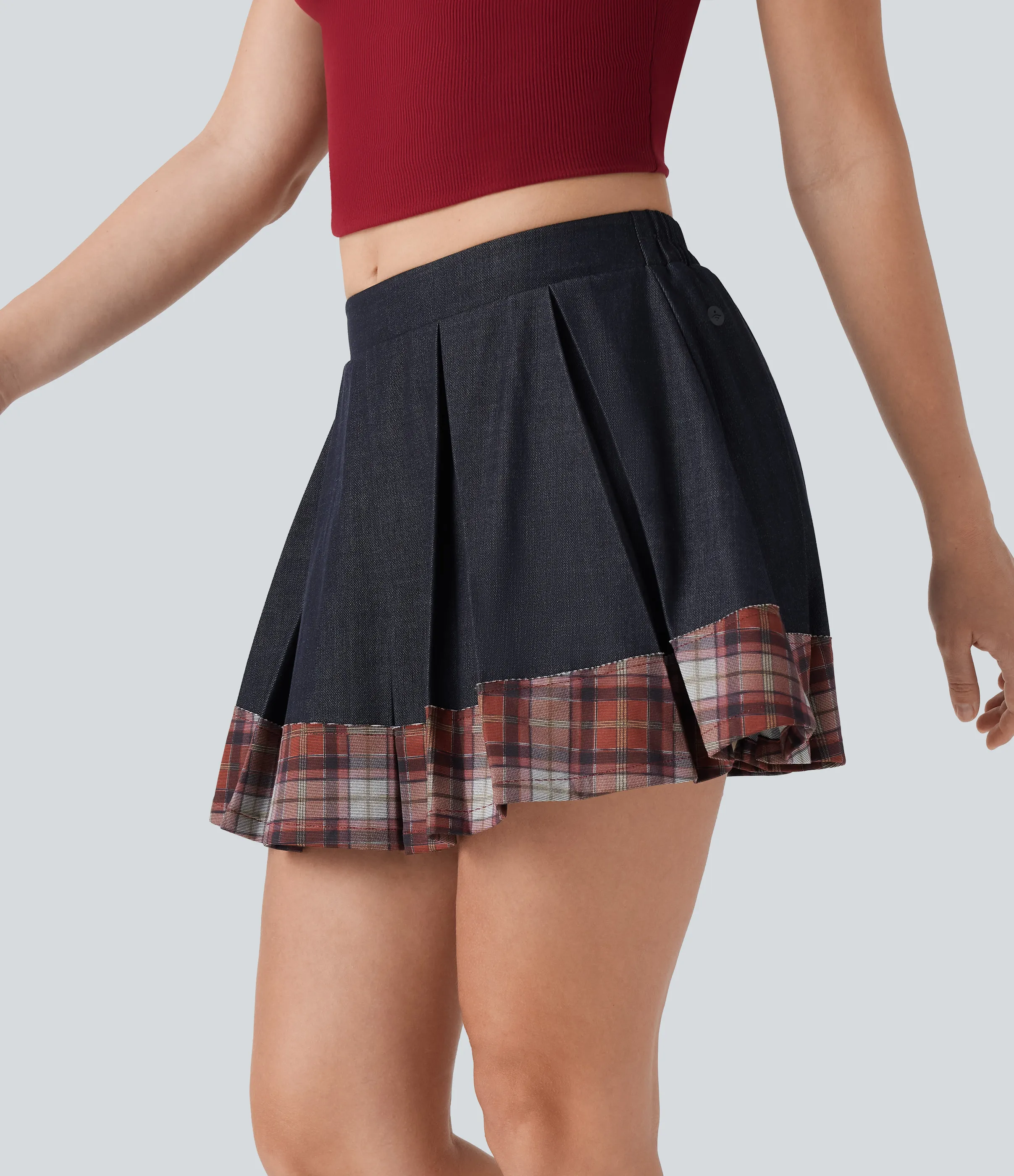 Halara Minifalda casual 2 en 1 plisada de tiro medio en corte A con efecto denim a cuadros y bolsillo lateral - Parisian Night - XS(regular) sold by Halara product image thumbnail 4