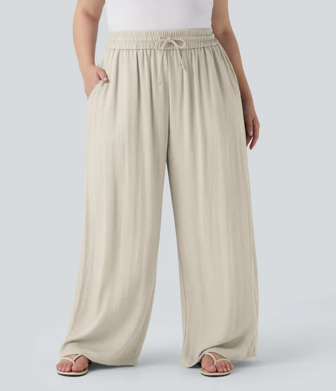 Halara Pantalón lino tiro alto cordón ajustable pierna ancha bolsillo talla grande - Whisper White - 3X(regular) made by Halara