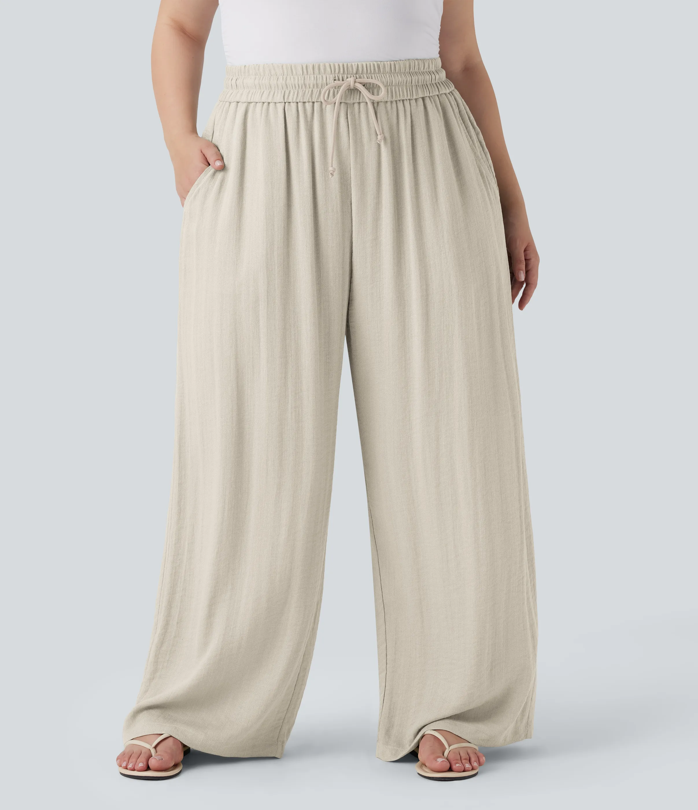 Halara Pantalón lino tiro alto cordón ajustable pierna ancha bolsillo talla grande - Whisper White - 3X(regular) sold by Halara