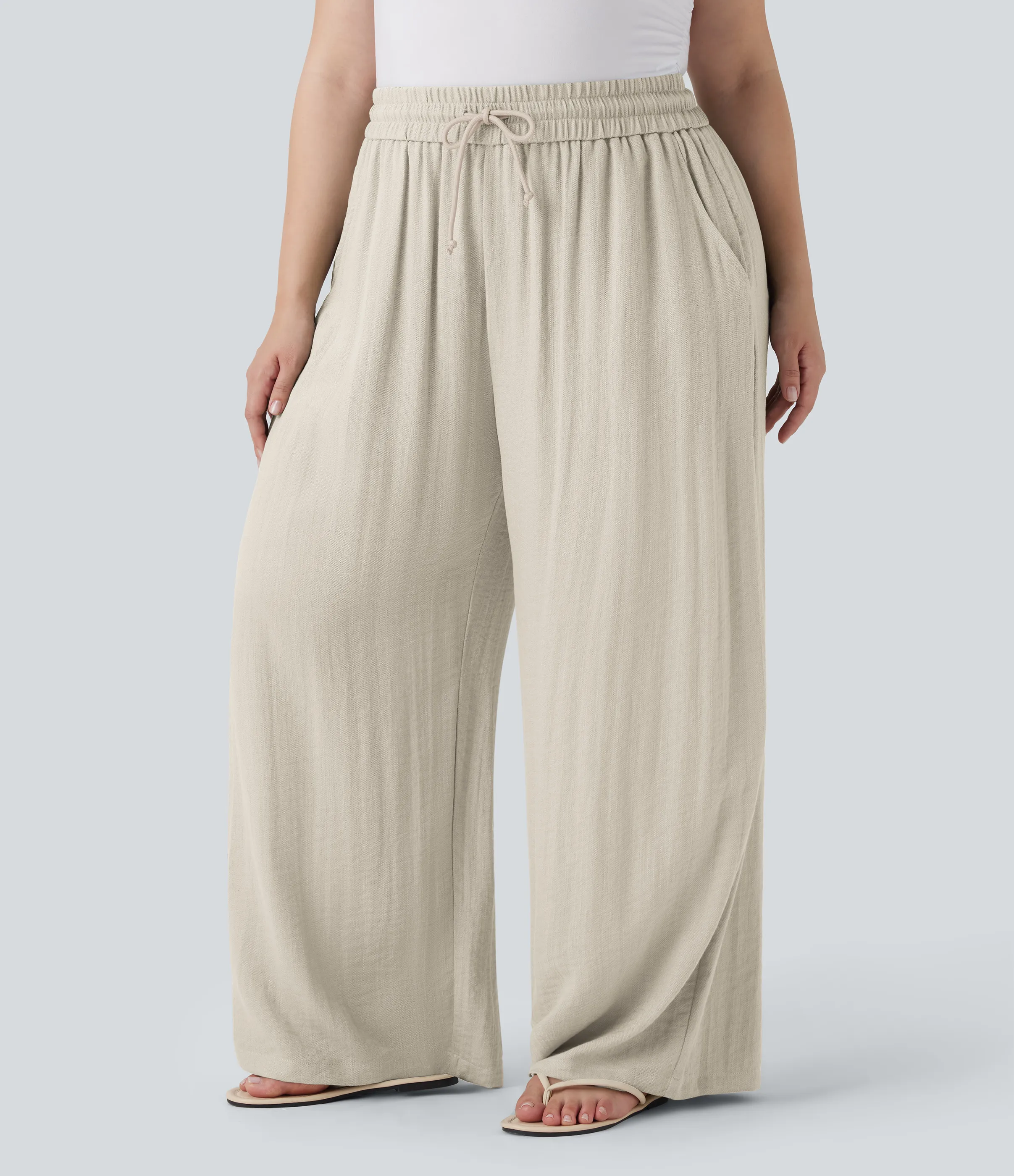 Halara Pantalón lino tiro alto cordón ajustable pierna ancha bolsillo talla grande - Whisper White - 3X(regular) sold by Halara product image thumbnail 4