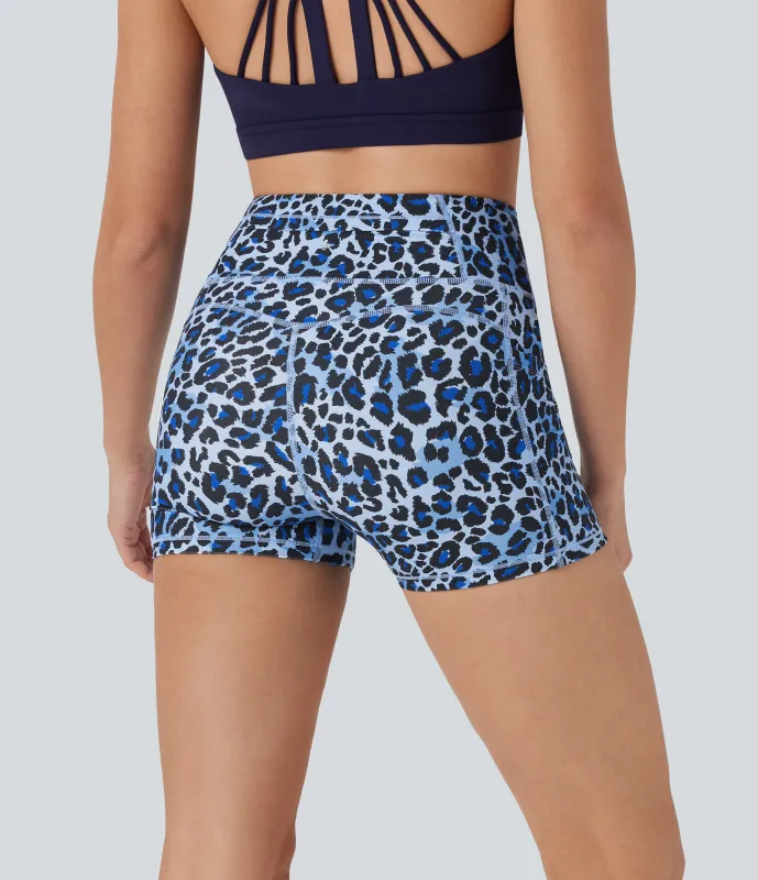 Halara Shorts de yoga biker de 7.5 cm con estampado de leopardo y tiro alto con bolsillos - Ice blue leopard print - XS sold by Halara