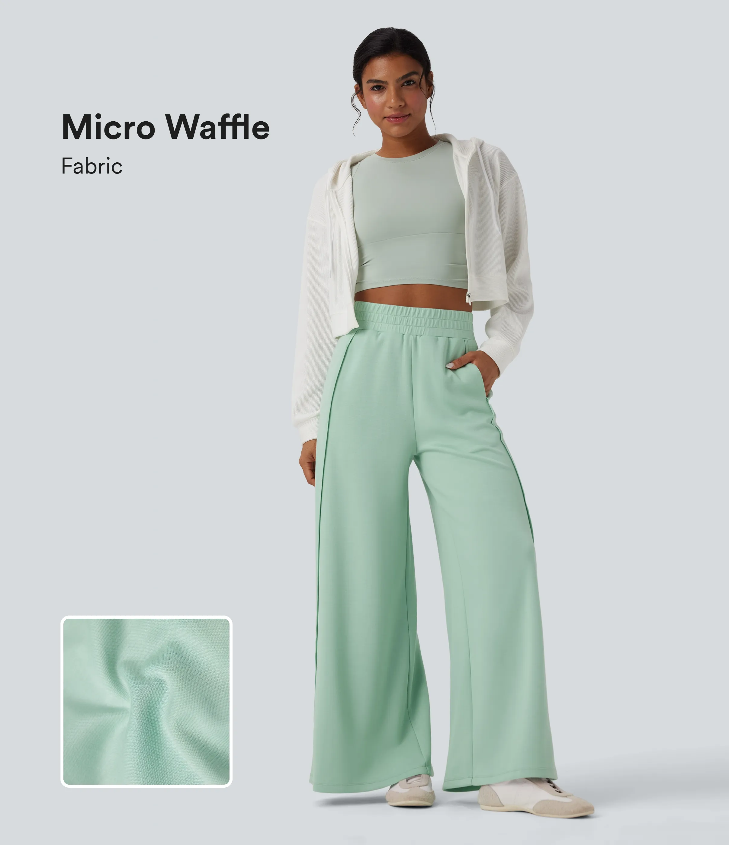 Halara Pantalones casuales anchos de tiro alto de microgofre con bolsillos - Misty Jade - M(regular) sold by Halara