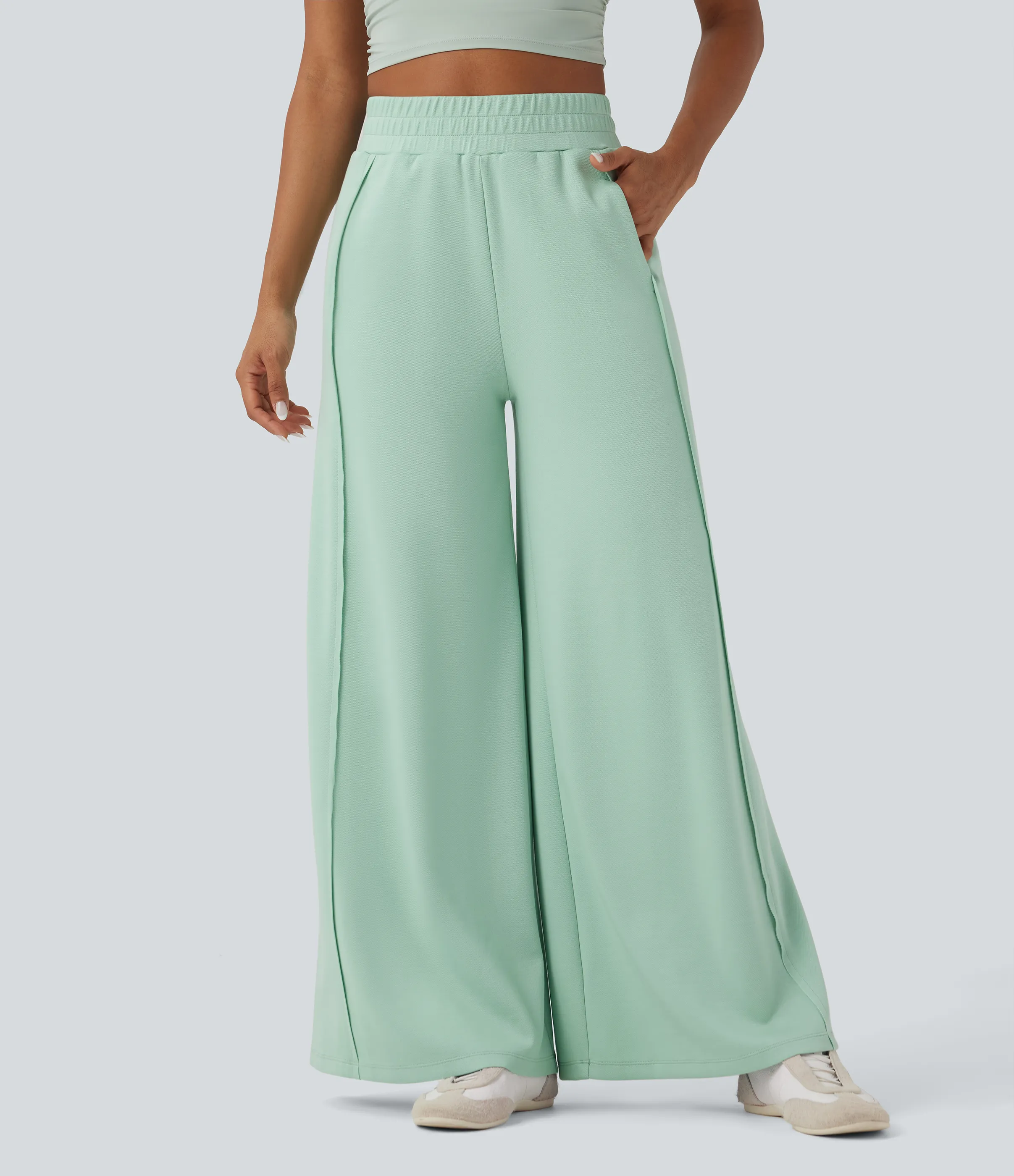 Halara Pantalones casuales anchos de tiro alto de microgofre con bolsillos - Misty Jade - L(regular) sold by Halara product image thumbnail 3