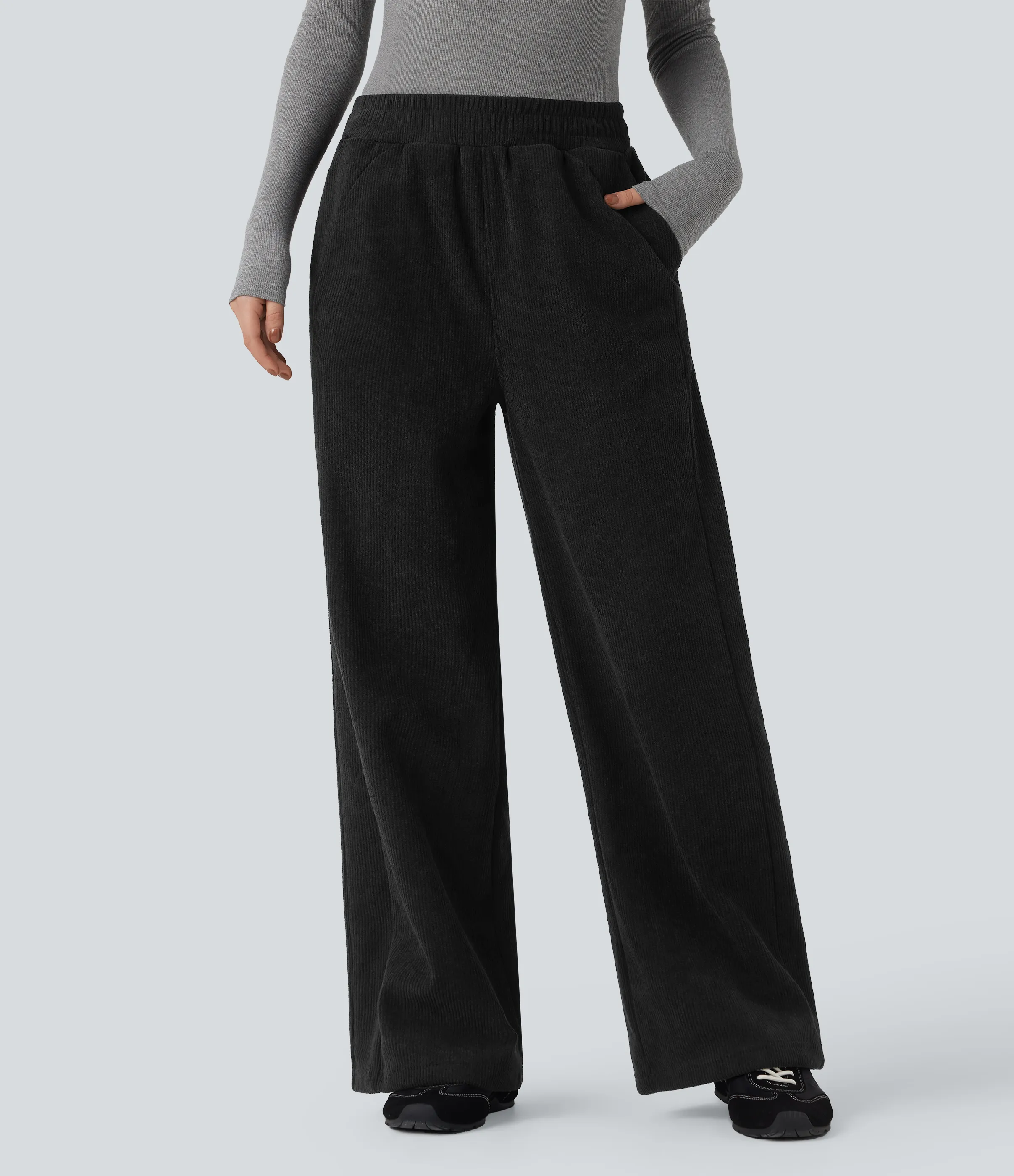 Halara Pantalones casuales rectos de pana polar con tiro alto y bolsillos - Black - L(regular) sold by Halara product image thumbnail 2