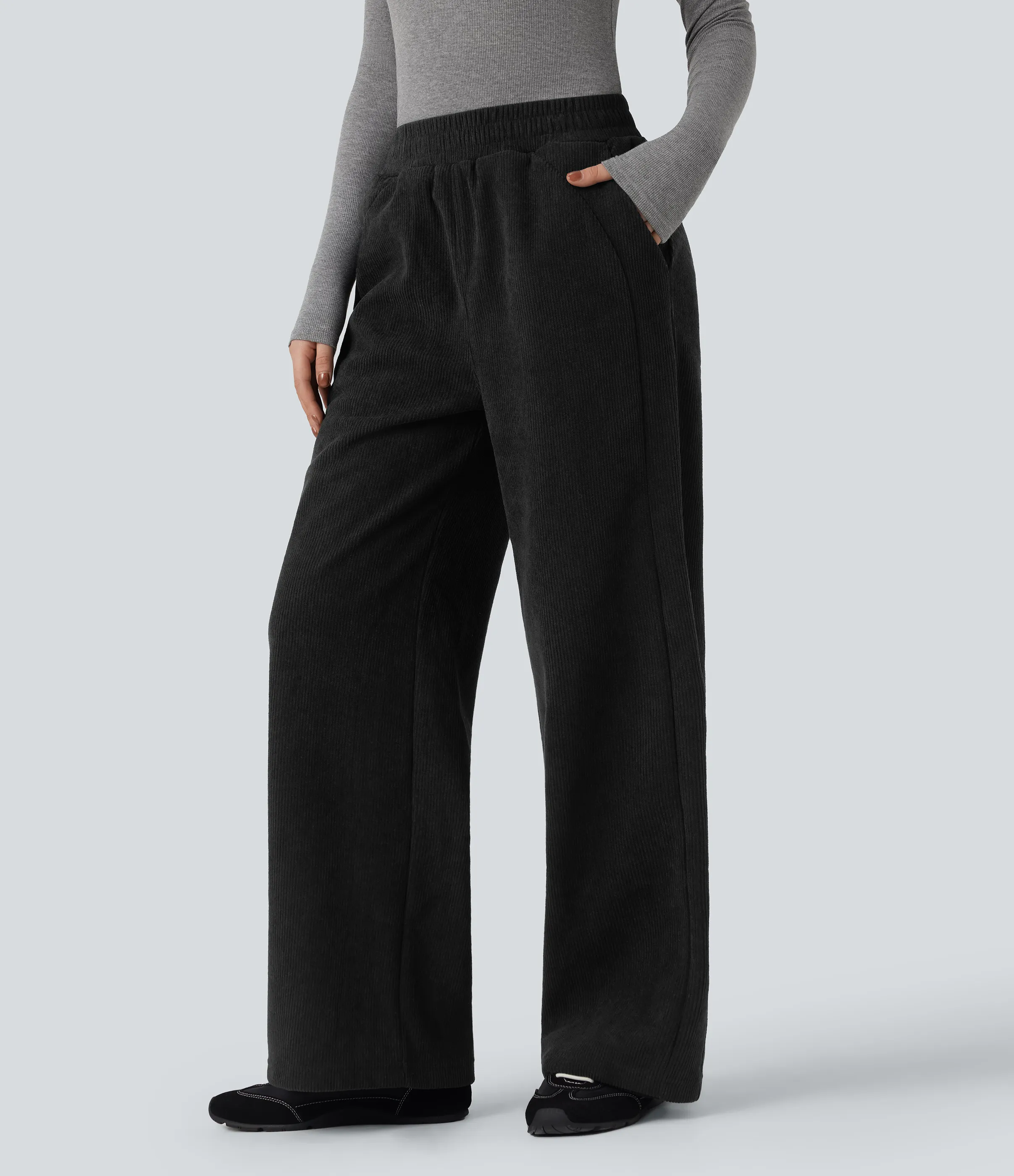 Halara Pantalones casuales rectos de pana polar con tiro alto y bolsillos - Black - L(regular) sold by Halara product image thumbnail 4