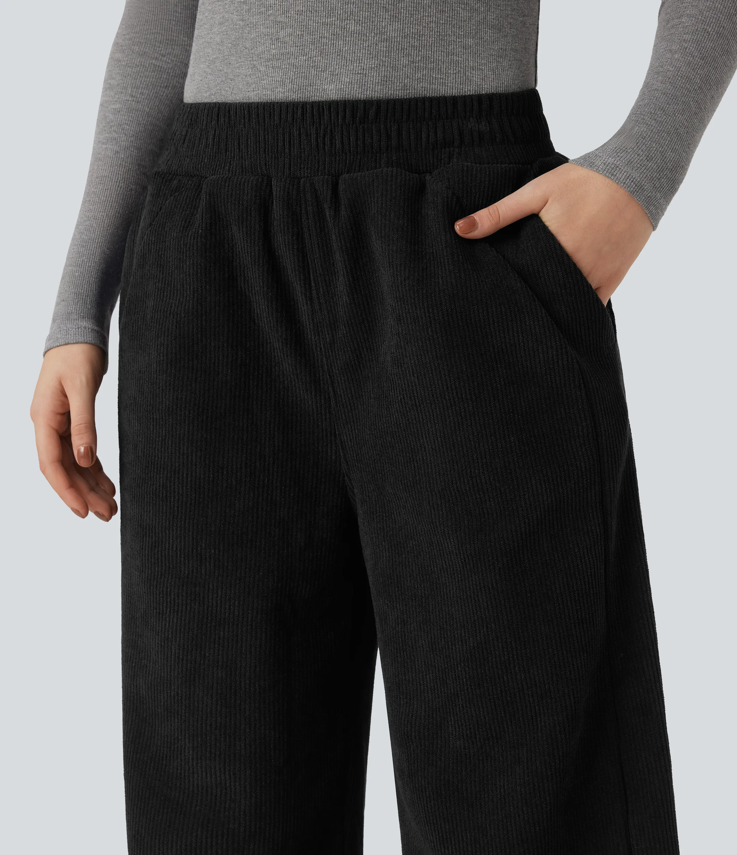 Halara Pantalones casuales rectos de pana polar con tiro alto y bolsillos - Black - L(regular) sold by Halara product image thumbnail 5