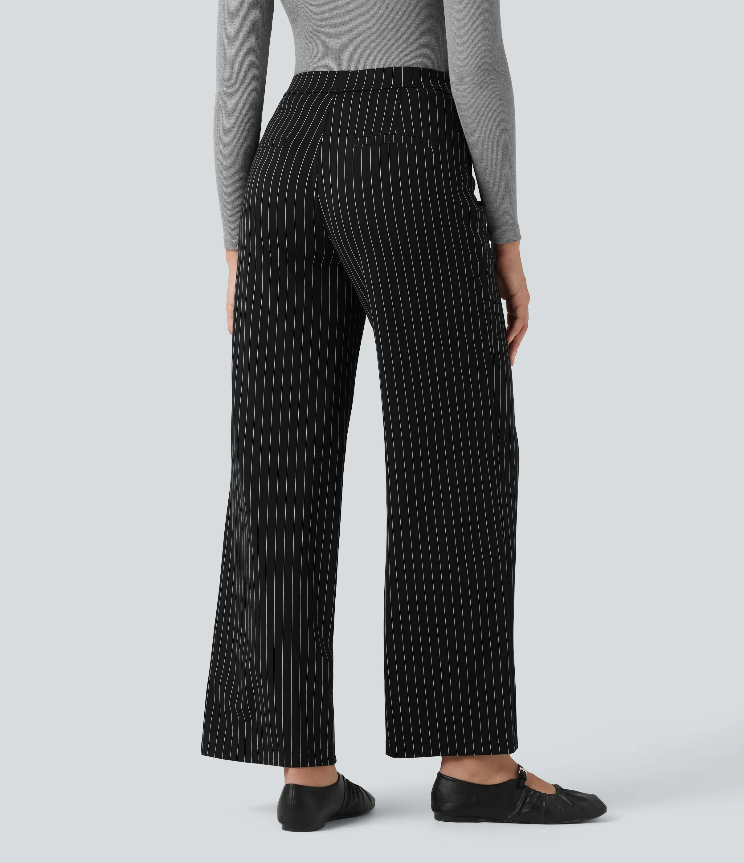 Halara Pantalones de oficina rectos de tiro alto con rayas y tacto fresco con bolsillos - Black White Pinstripe - XL(regular) sold by Halara