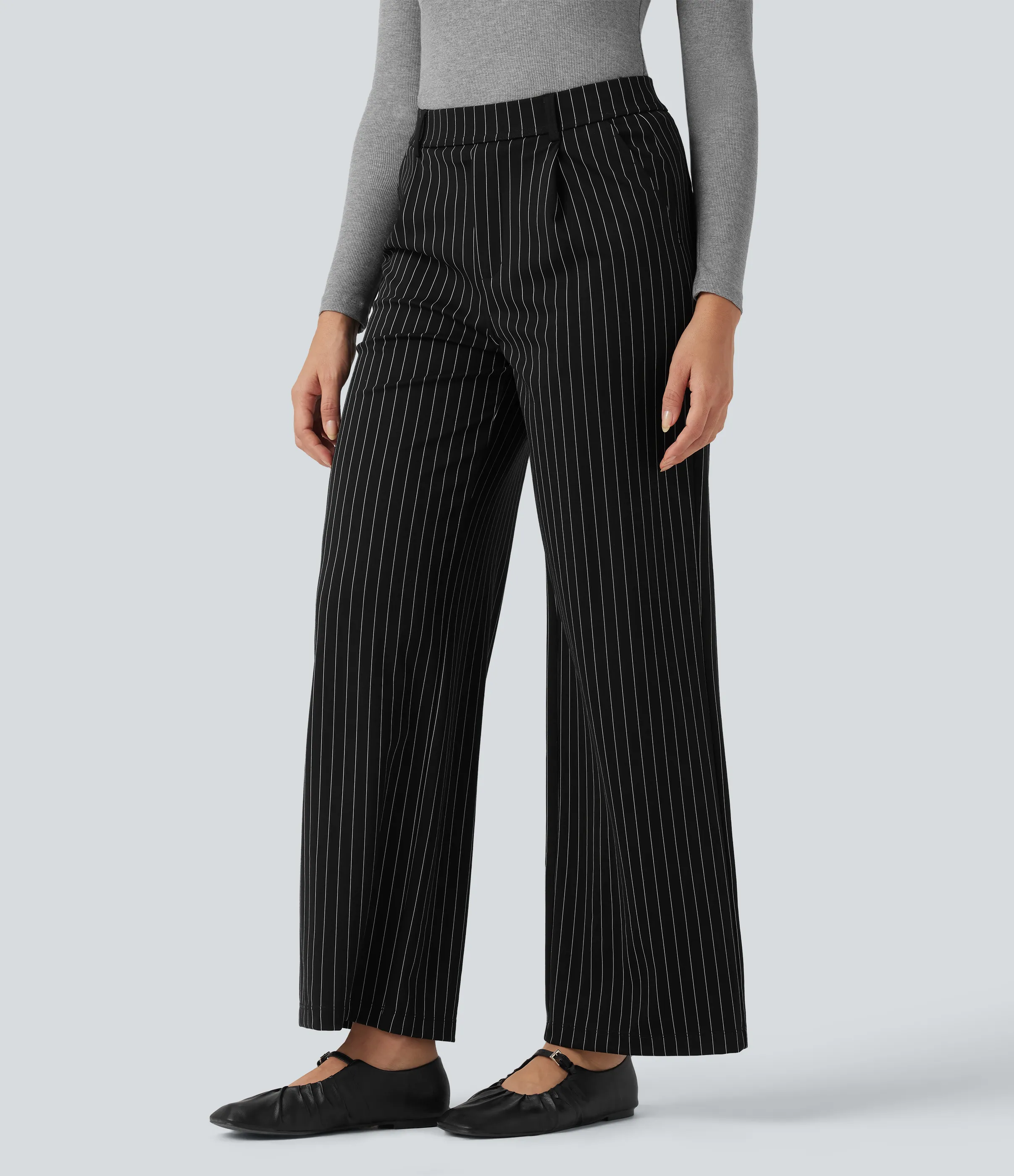 Halara Pantalones de oficina rectos de tiro alto con rayas y tacto fresco con bolsillos - Black White Pinstripe - XL(regular) sold by Halara product image thumbnail 3