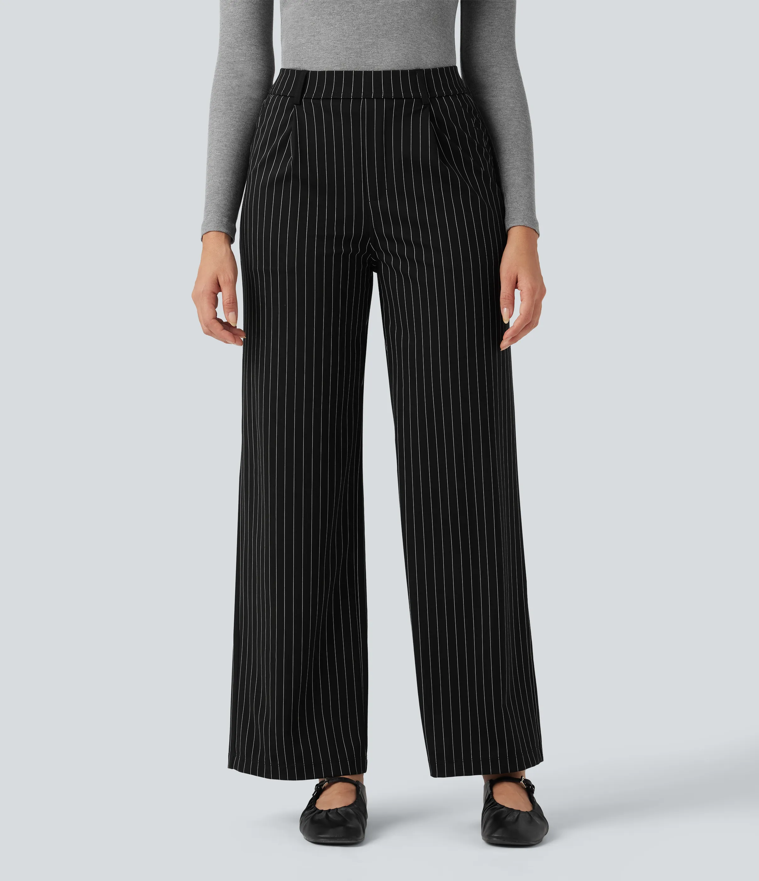 Halara Pantalones de oficina rectos de tiro alto con rayas y tacto fresco con bolsillos - Black White Pinstripe - XL(regular) sold by Halara product image thumbnail 4