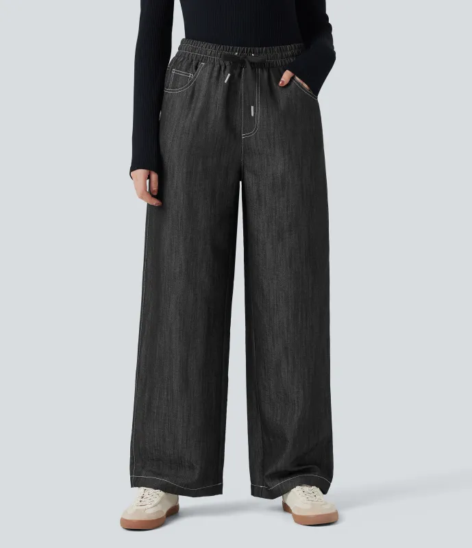 Halara Pantalones casuales anchos de mezclilla con tiro alto, cordón ajustable y tacto de lino resistentes a las arrugas con bolsillos - Deep Gray-Black Heather - XL(regular) sold by Halara