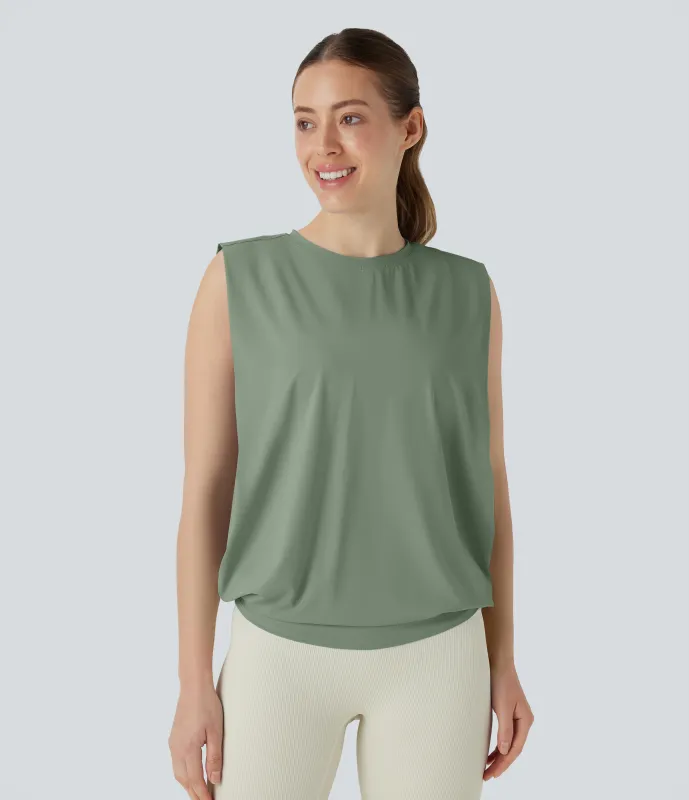 Halara Camiseta yoga cuello redondo fruncido tacto fresco - UPF 50+ - Hedge Green - L sold by Halara
