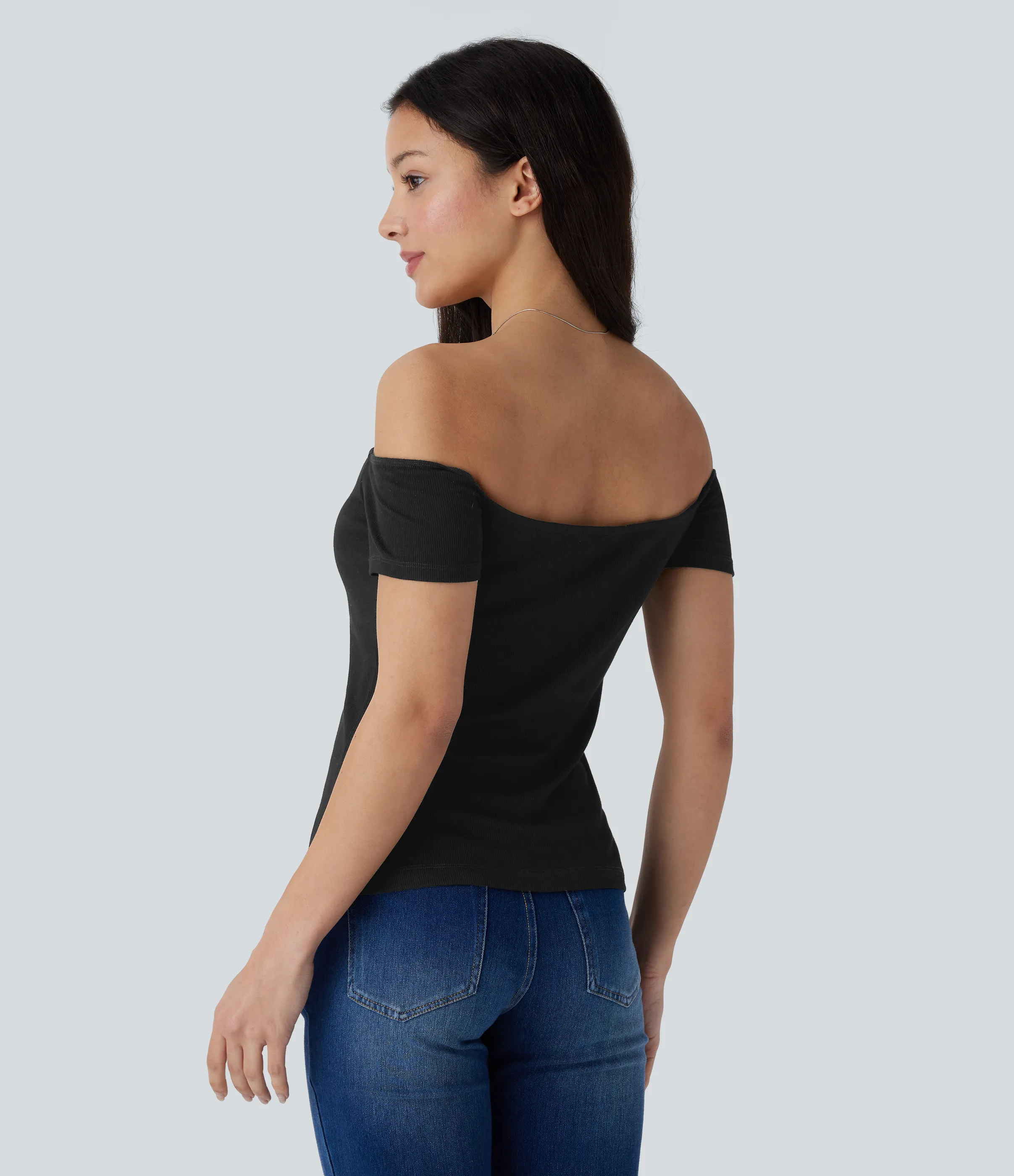 Halara Top informal 2 en 1 de punto acanalado con hombros descubiertos de manga corta y espalda descubierta - Black - XS sold by Halara product image thumbnail 3