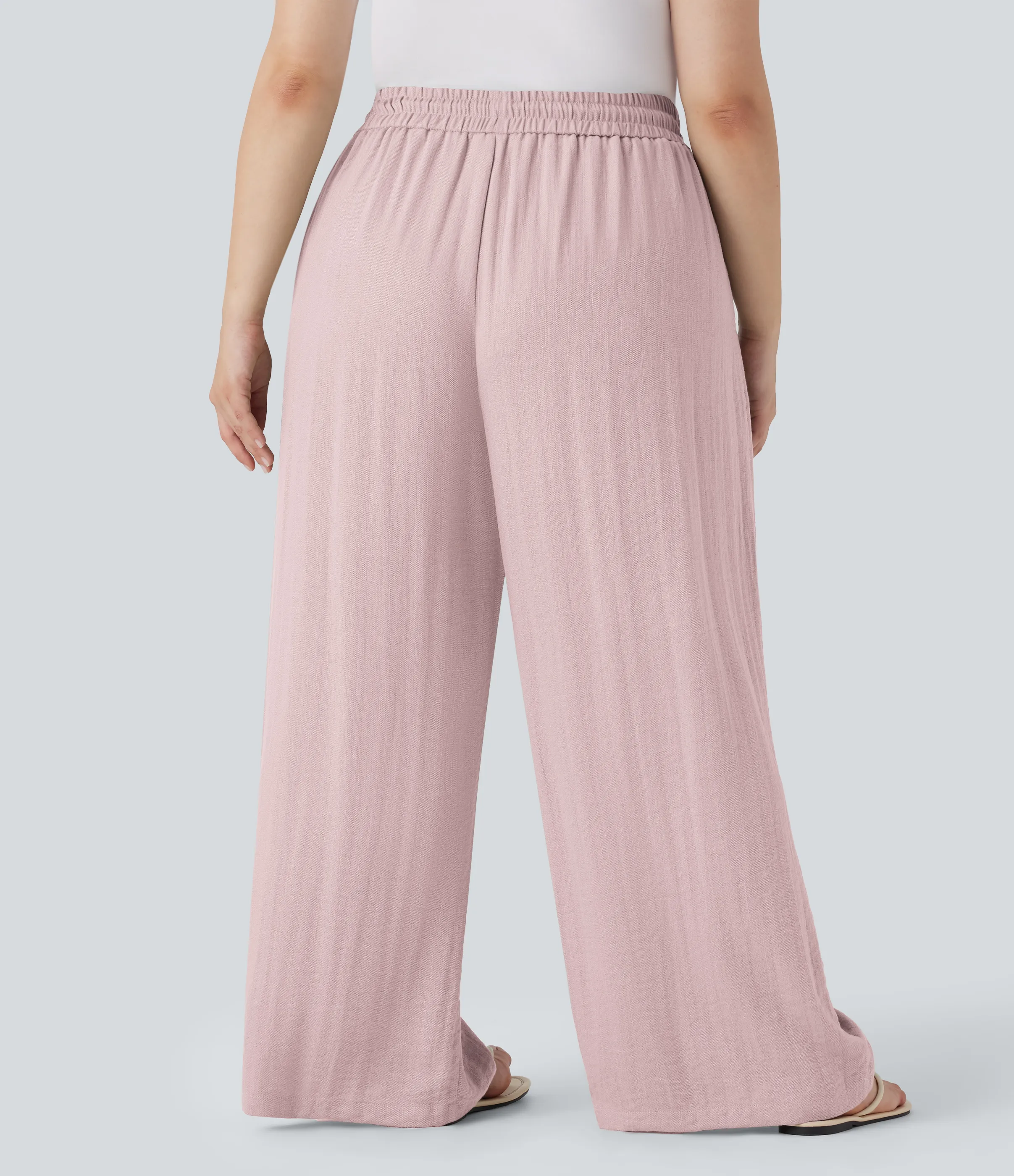 Halara Pantalón lino tiro alto cordón ajustable pierna ancha bolsillo talla grande - Lilac Pink - 3X(regular) sold by Halara product image thumbnail 3
