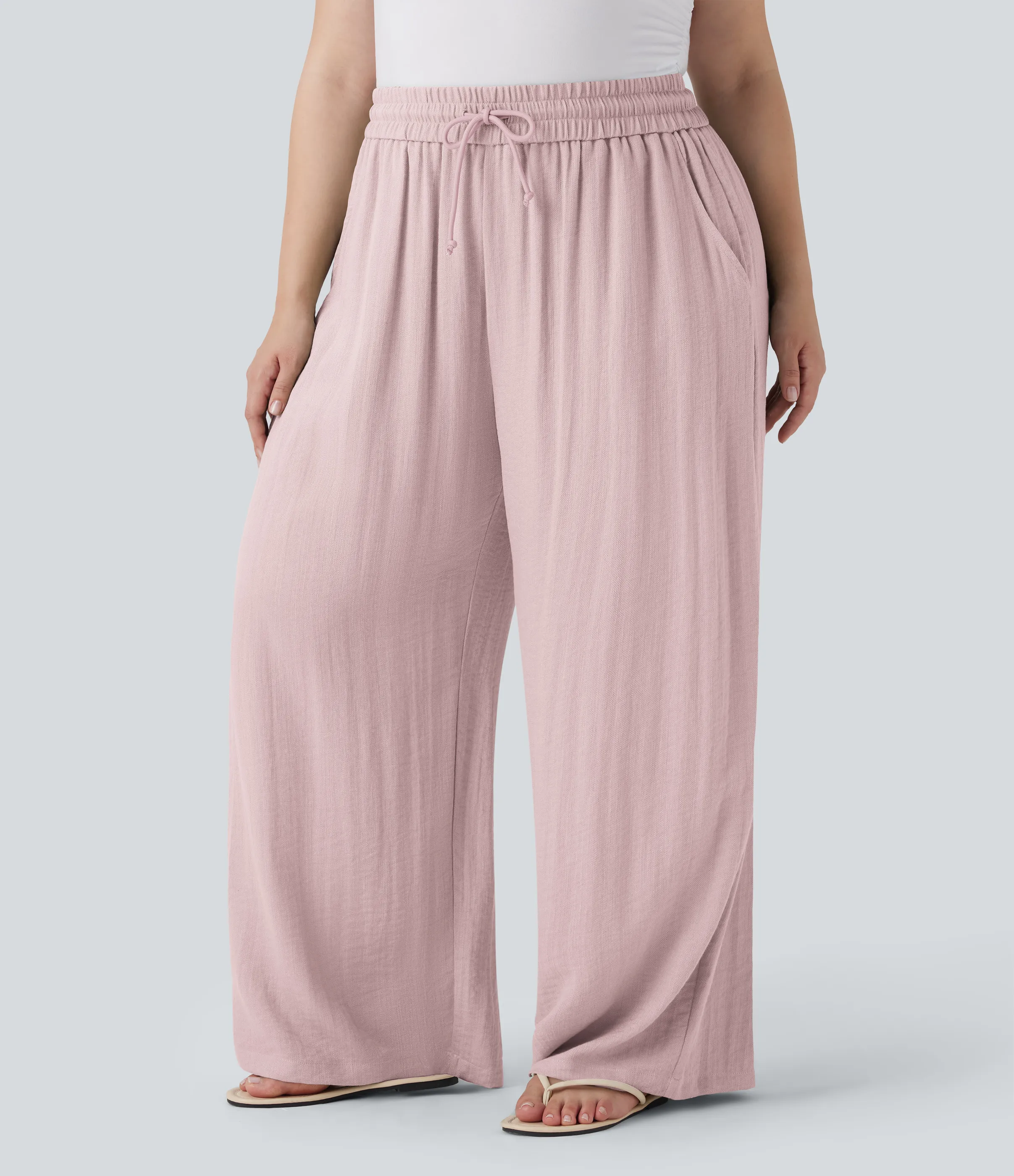 Halara Pantalón lino tiro alto cordón ajustable pierna ancha bolsillo talla grande - Lilac Pink - 3X(regular) sold by Halara product image thumbnail 4