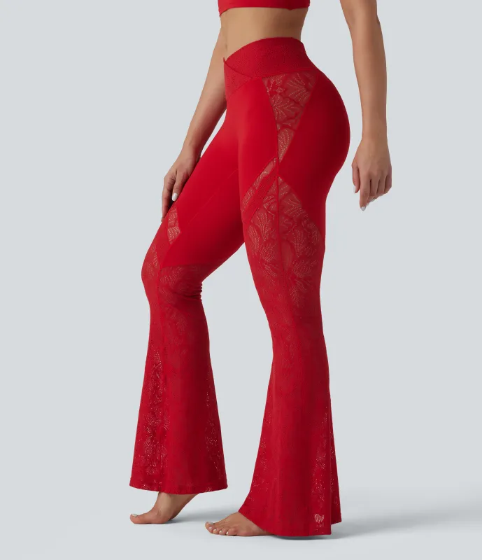 Halara Leggings de yoga acampanados Softlyzero™ de tiro alto con encaje en contrast y bolsillos traseros cruzados  - Salsa - XL(regular) made by Halara