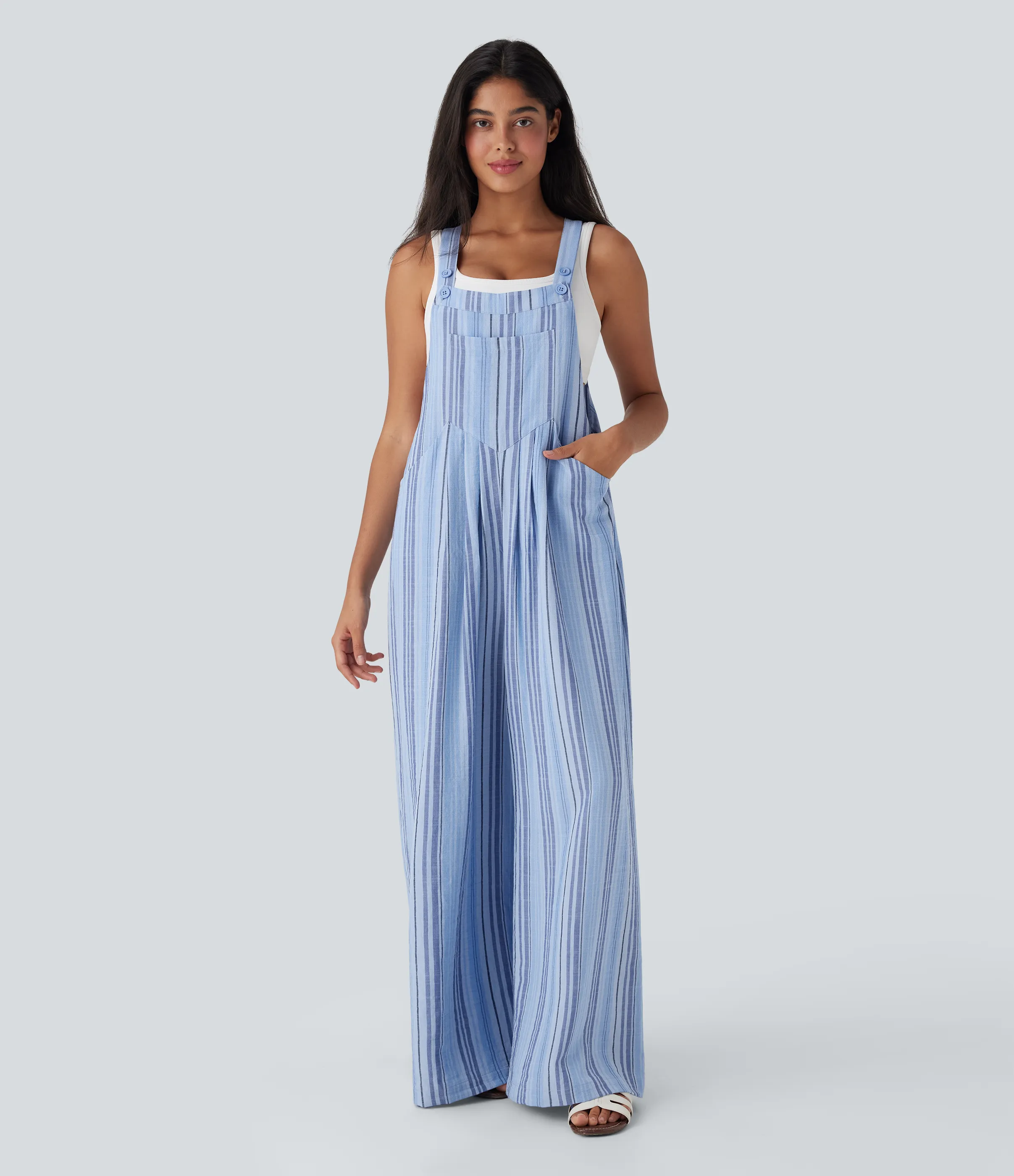 Halara Overol ancho casual a rayas holgado de lino con bolsillos, botones y tirantes ajustables - Bohemia Yarn Dye Blue Stripe - S(regular) sold by Halara