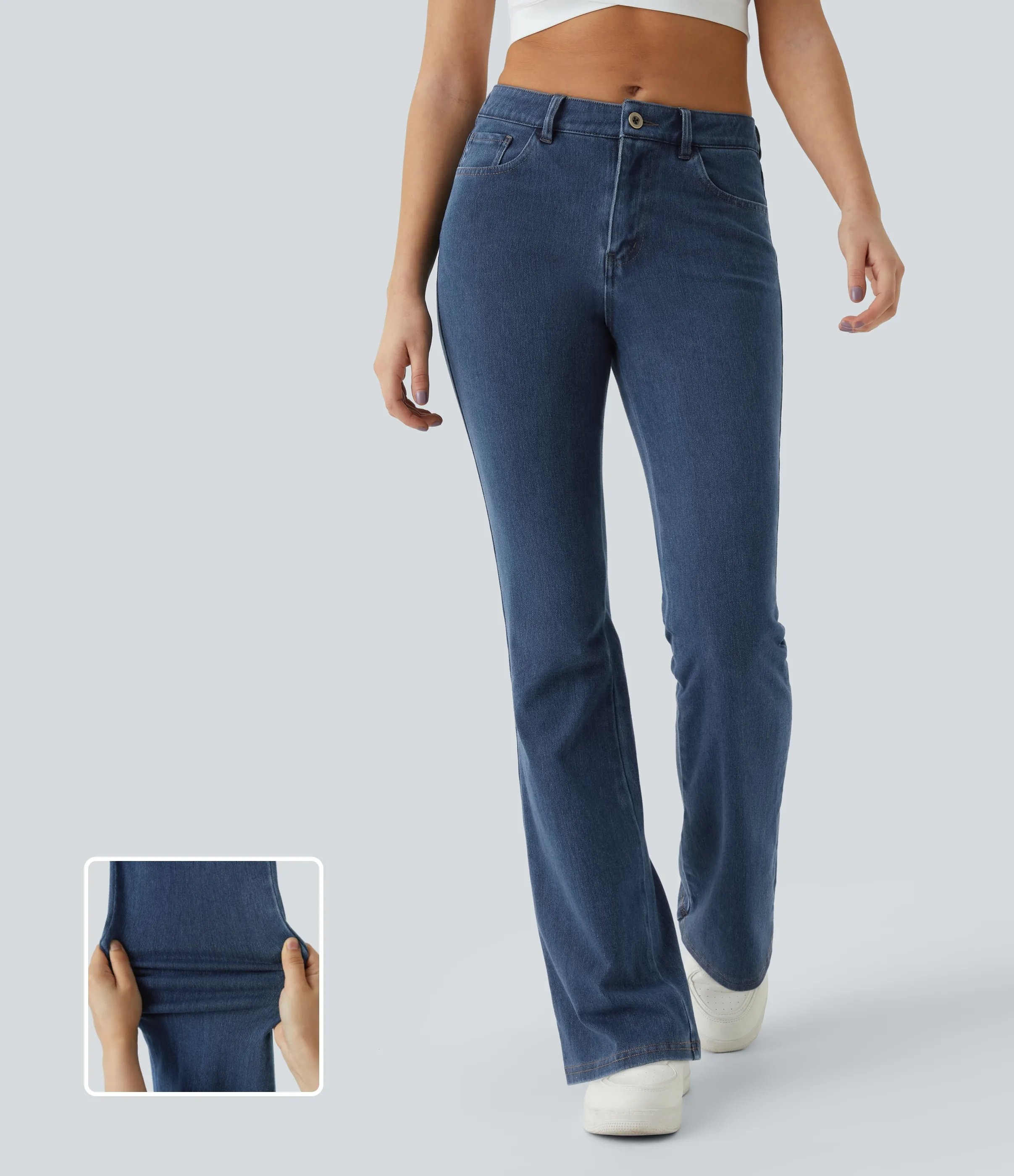 Halara Jeans Halara Flex™ Denim en corte de bota elásticos de tiro medio con botón y bolsillos - Washed Denim Bleached Blue - M(extall) sold by Halara product image thumbnail 2