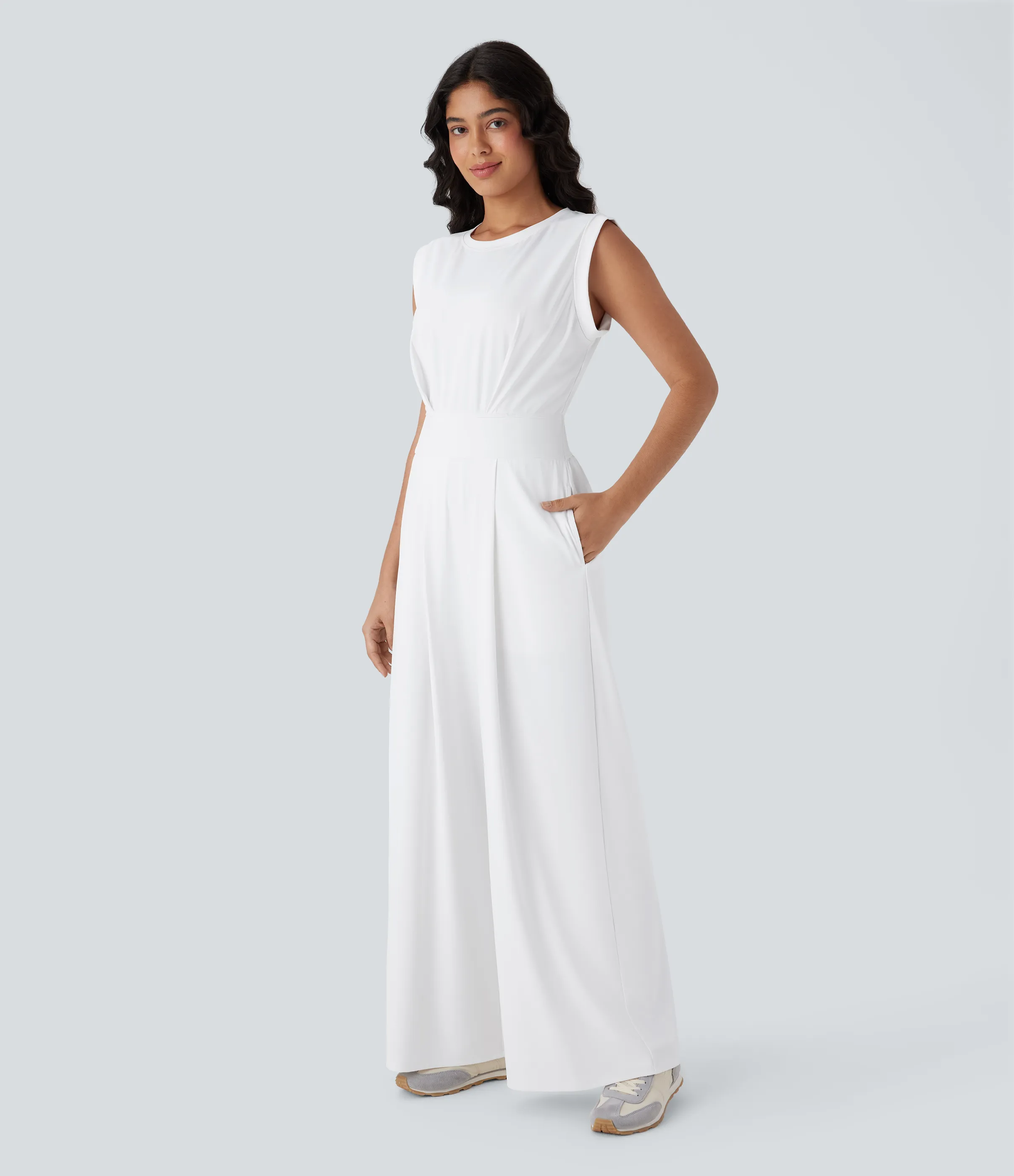 Halara Mono de yoga sin mangas Softlyzero™ con cuello redondo de secado rápido, espalda abierta y bolsillos - Edición Easy Peezy - White - S(regular) sold by Halara