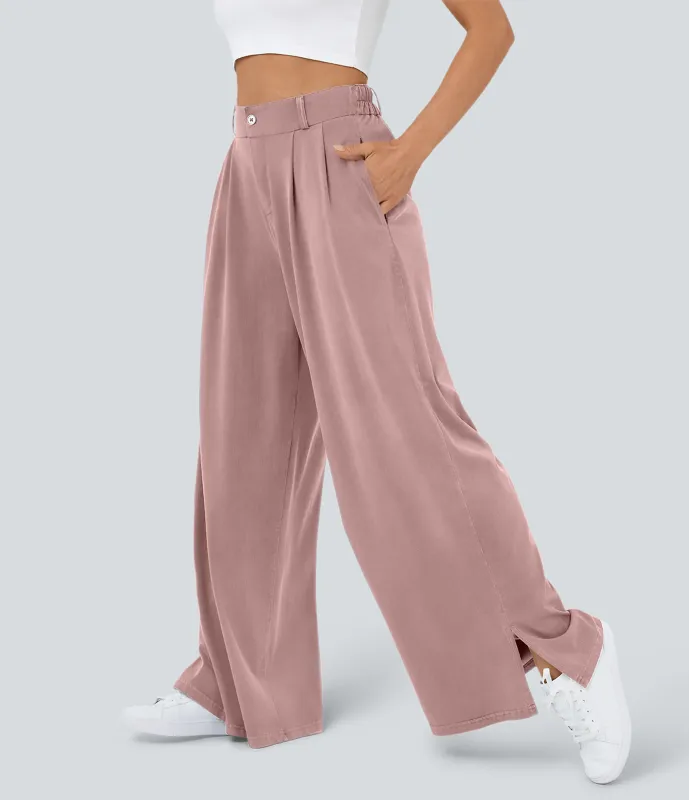 Halara Pantalón ancho tiro alto plisado bolsillo lateral dobladillo dividido cremallera botón - Plum Pink Denim - M(regular) sold by Halara