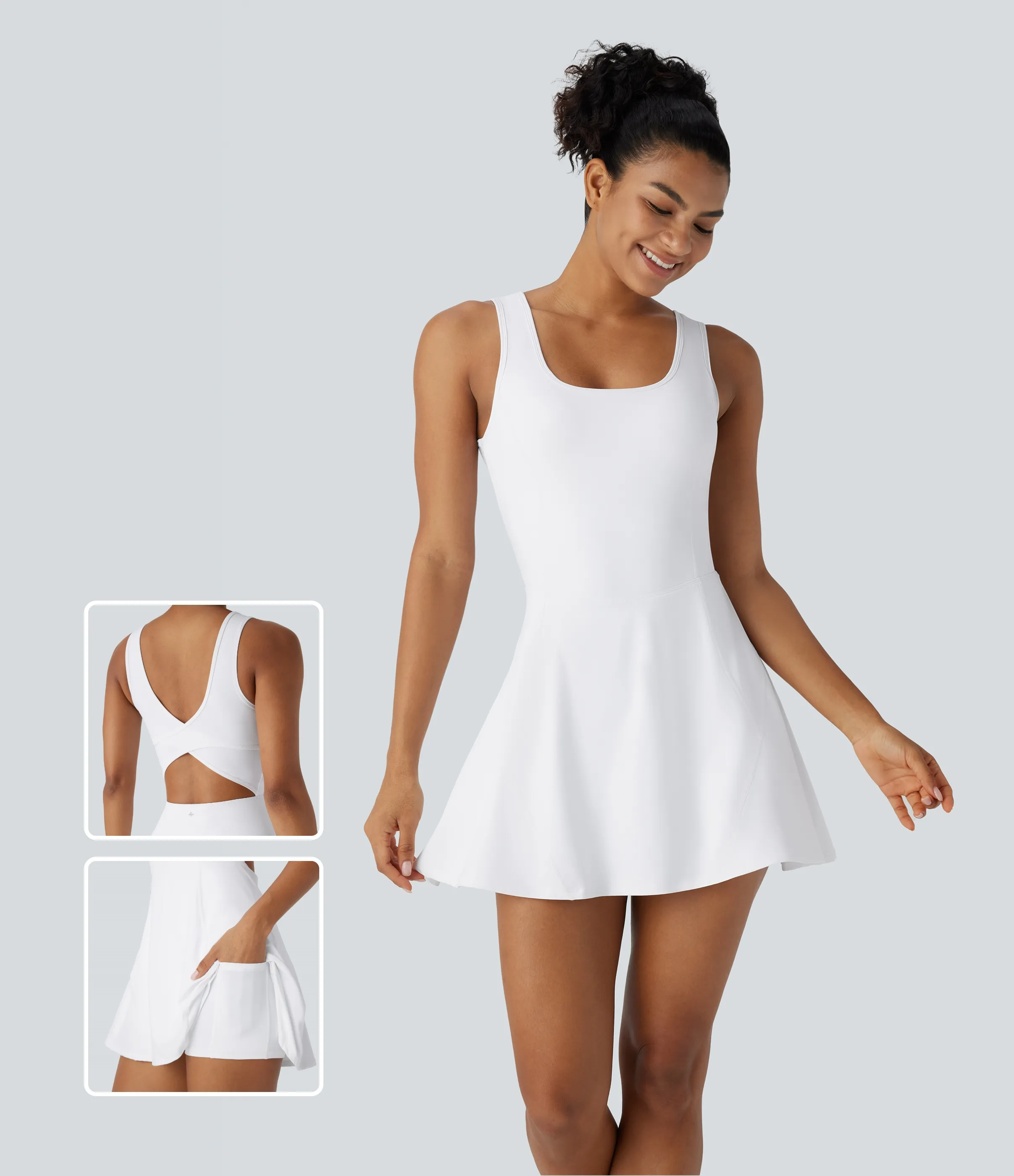 Halara Vestido mini Softlyzero™ Airy baile activo cuello U cruzado sin espalda bolsillo lateral 2 en 1 - White - L sold by Halara
