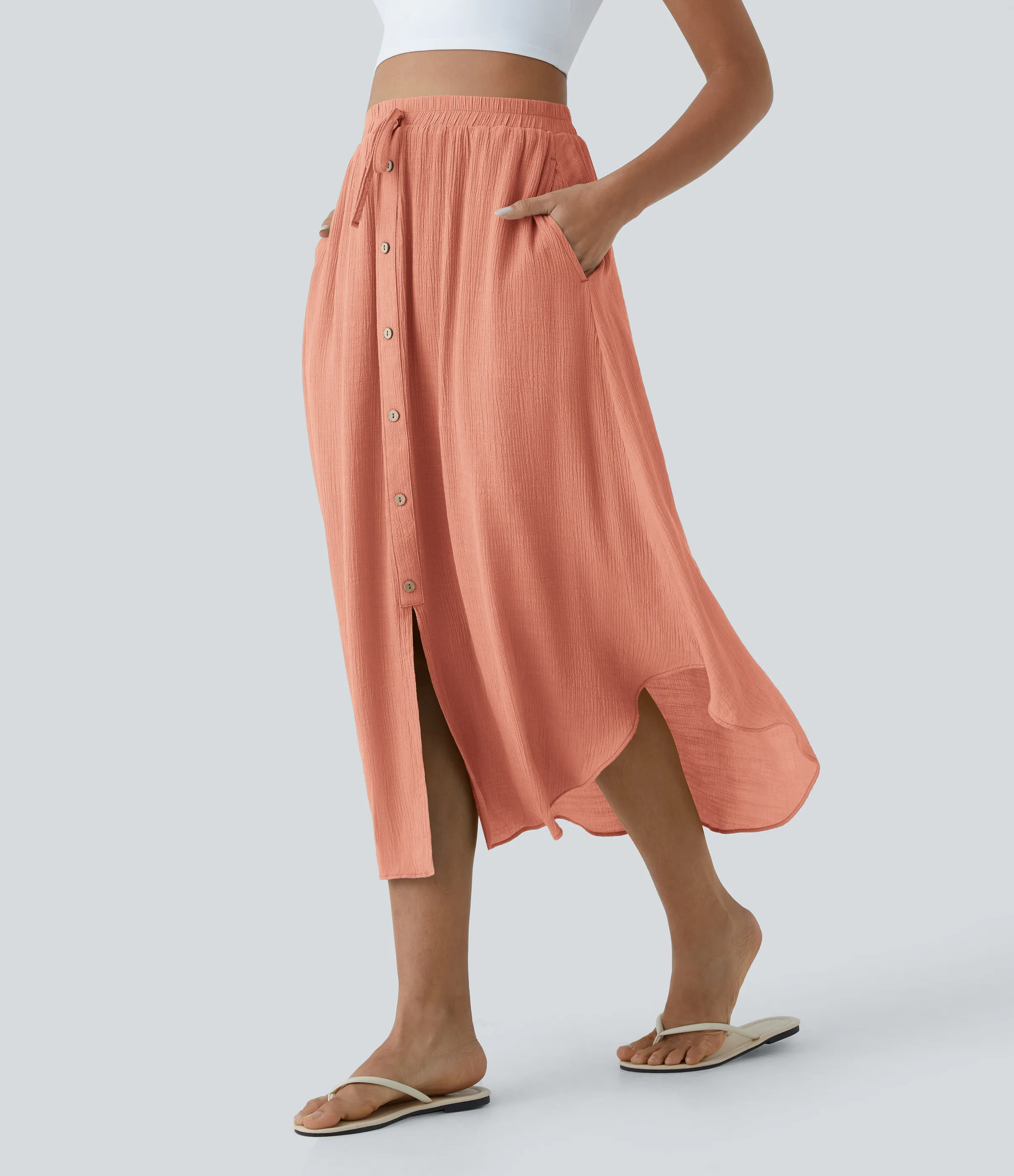 Halara Falda casual midi fluida con bolsillo lateral con botones y cordón de talle alto - Rising Sun Orange - M(regular) sold by Halara