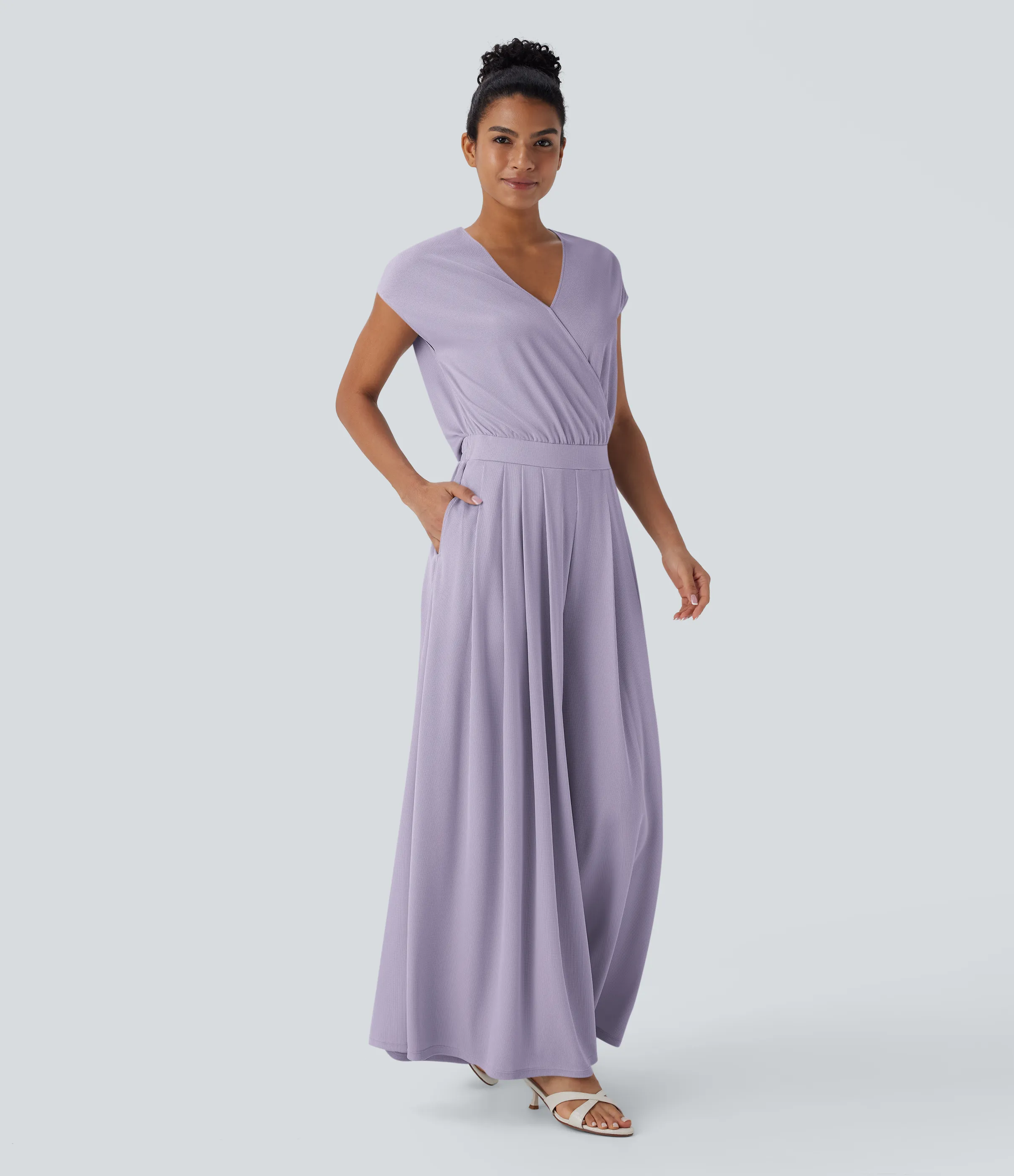 Halara Mono holgado cuello V manga corta bolsillo lateral pierna ancha edición Easy Peezy - Mashed Taro purple - XL(regular) sold by Halara product image thumbnail 2