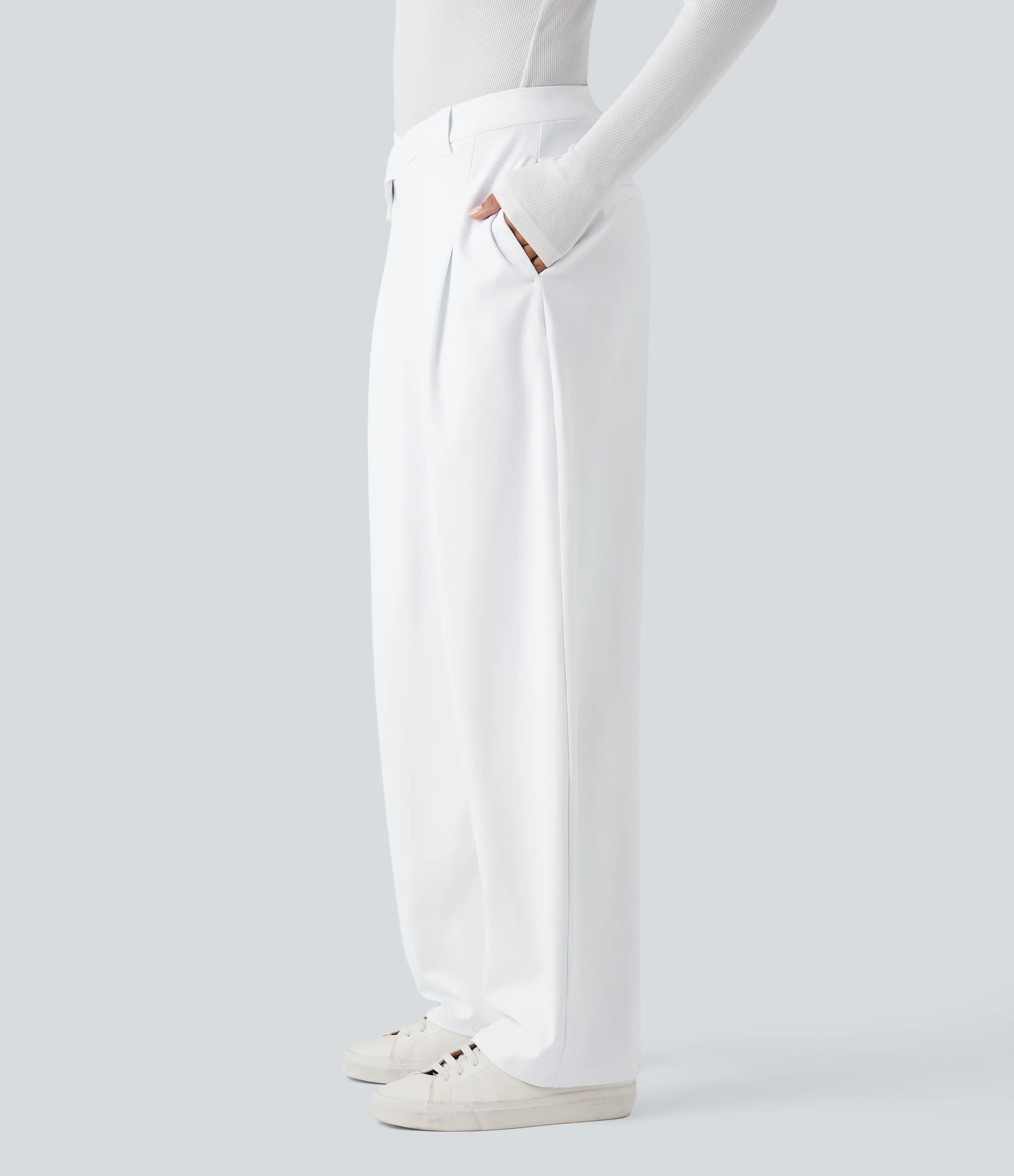 Halara Pantalones casuales asimétricos de tiro medio y cintura estrecha con bolsillos - White - L(regular) sold by Halara product image thumbnail 4